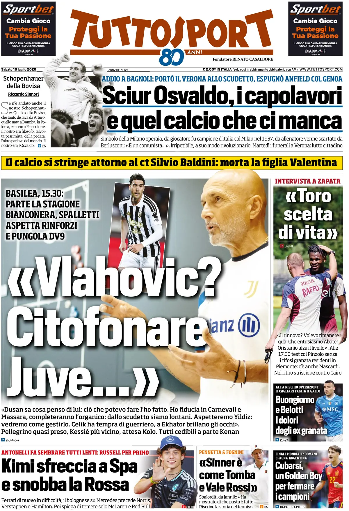Prima Pagina Tuttosport 18/07/2026
