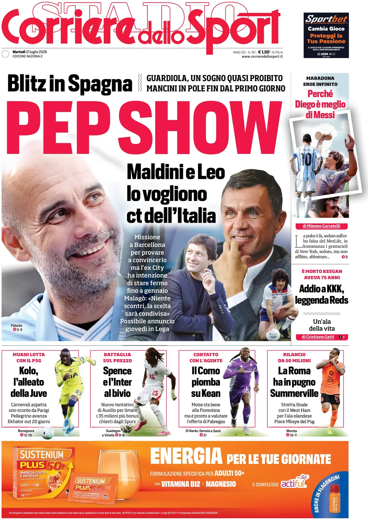 Prima Pagina Corriere dello Sport 21/07/2026