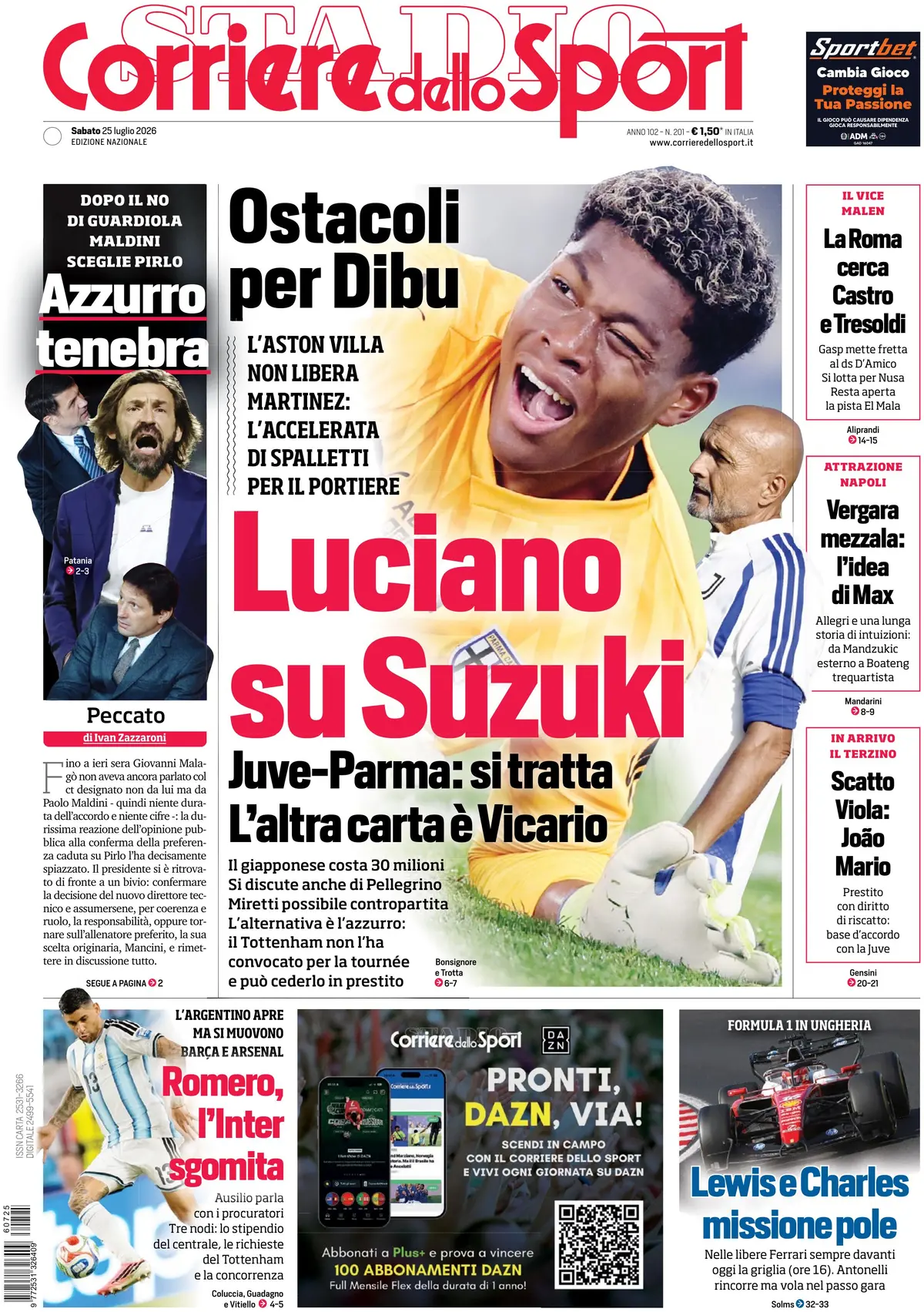 Prima Pagina Corriere dello Sport 25/07/2026