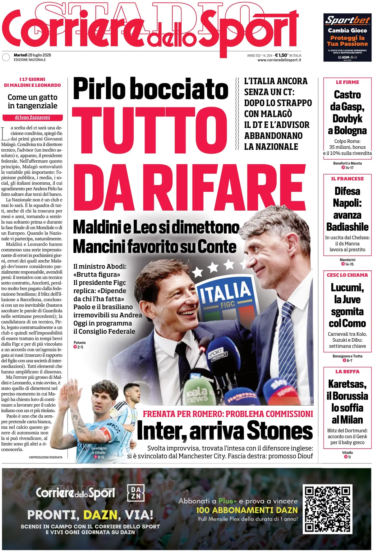 Prima Pagina Corriere dello Sport 28/07/2026