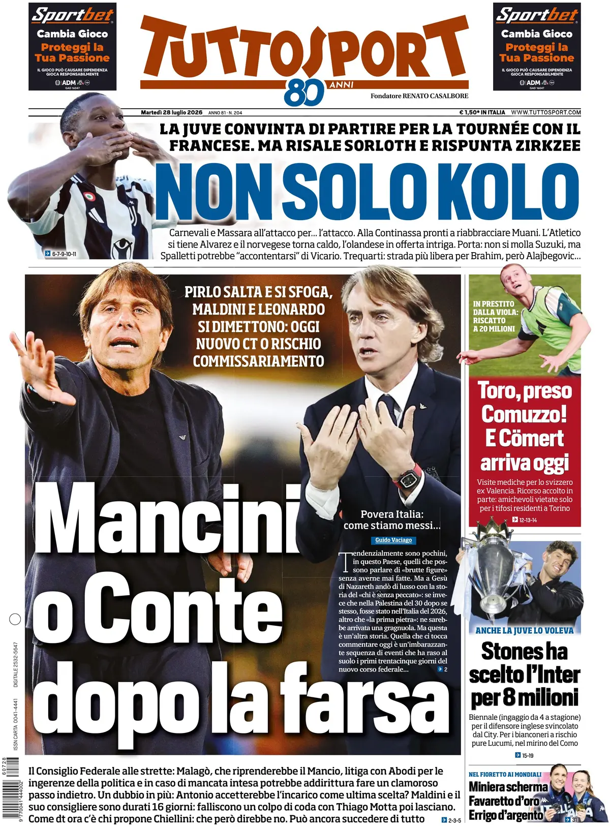 Prima Pagina Tuttosport 28/07/2026