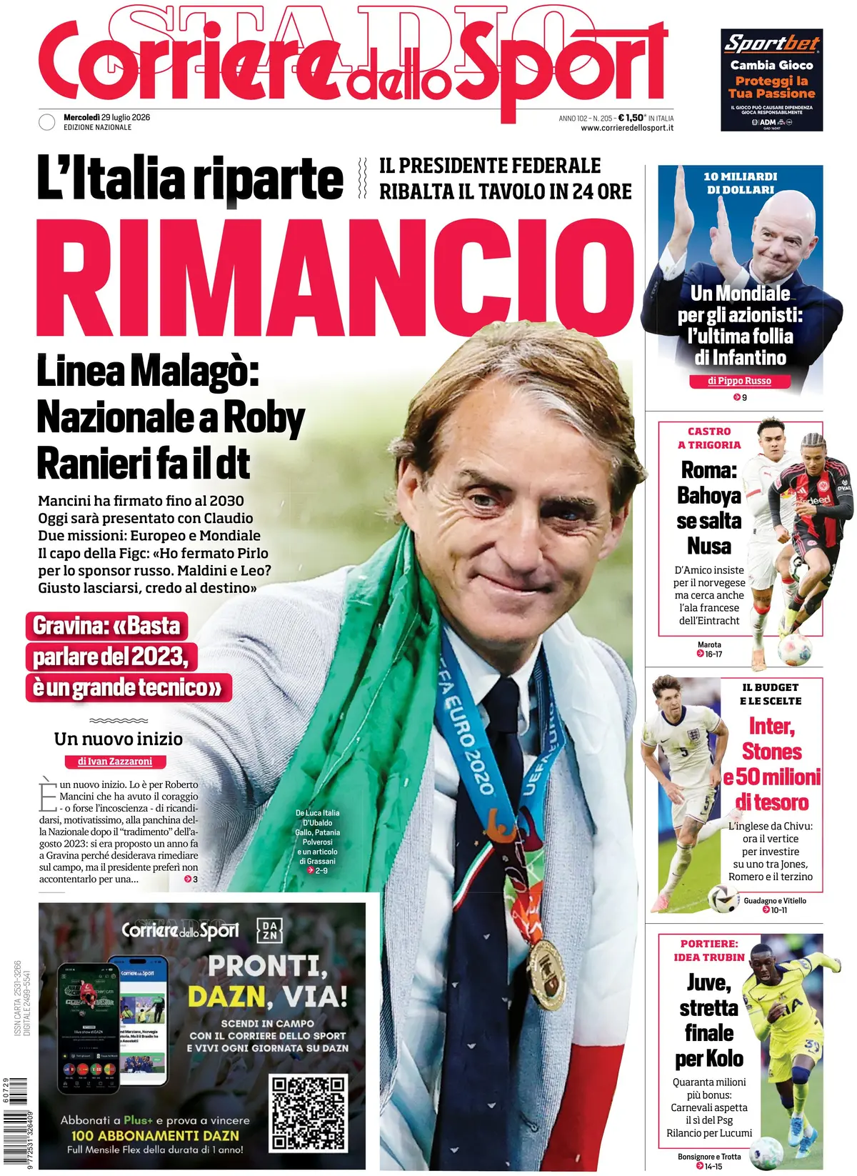 Prima Pagina Corriere dello Sport 29/07/2026