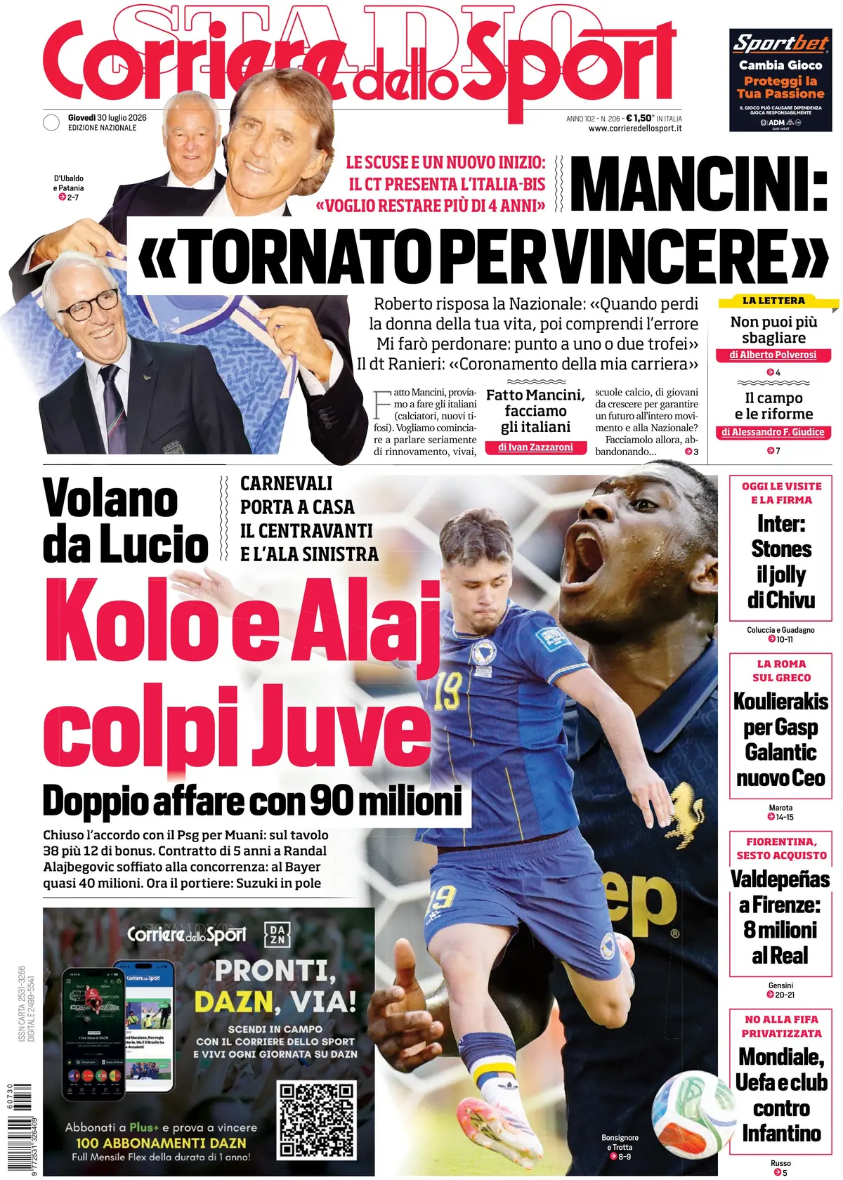 Prima Pagina Corriere dello Sport 30/07/2026