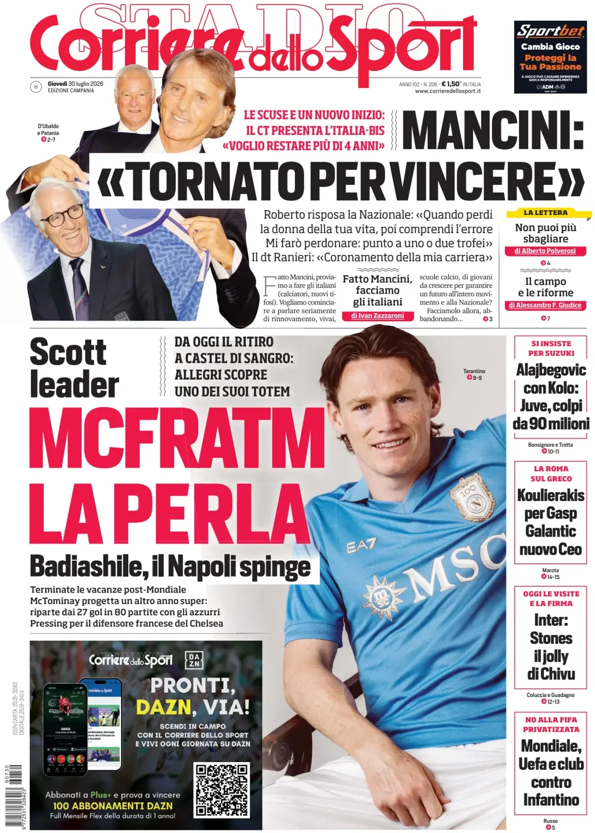 Prima Pagina Corriere dello Sport | Campania 30/07/2026
