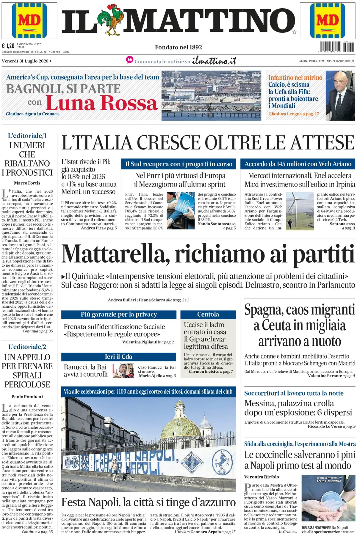 Prima Pagina Il Mattino 01/08/2026