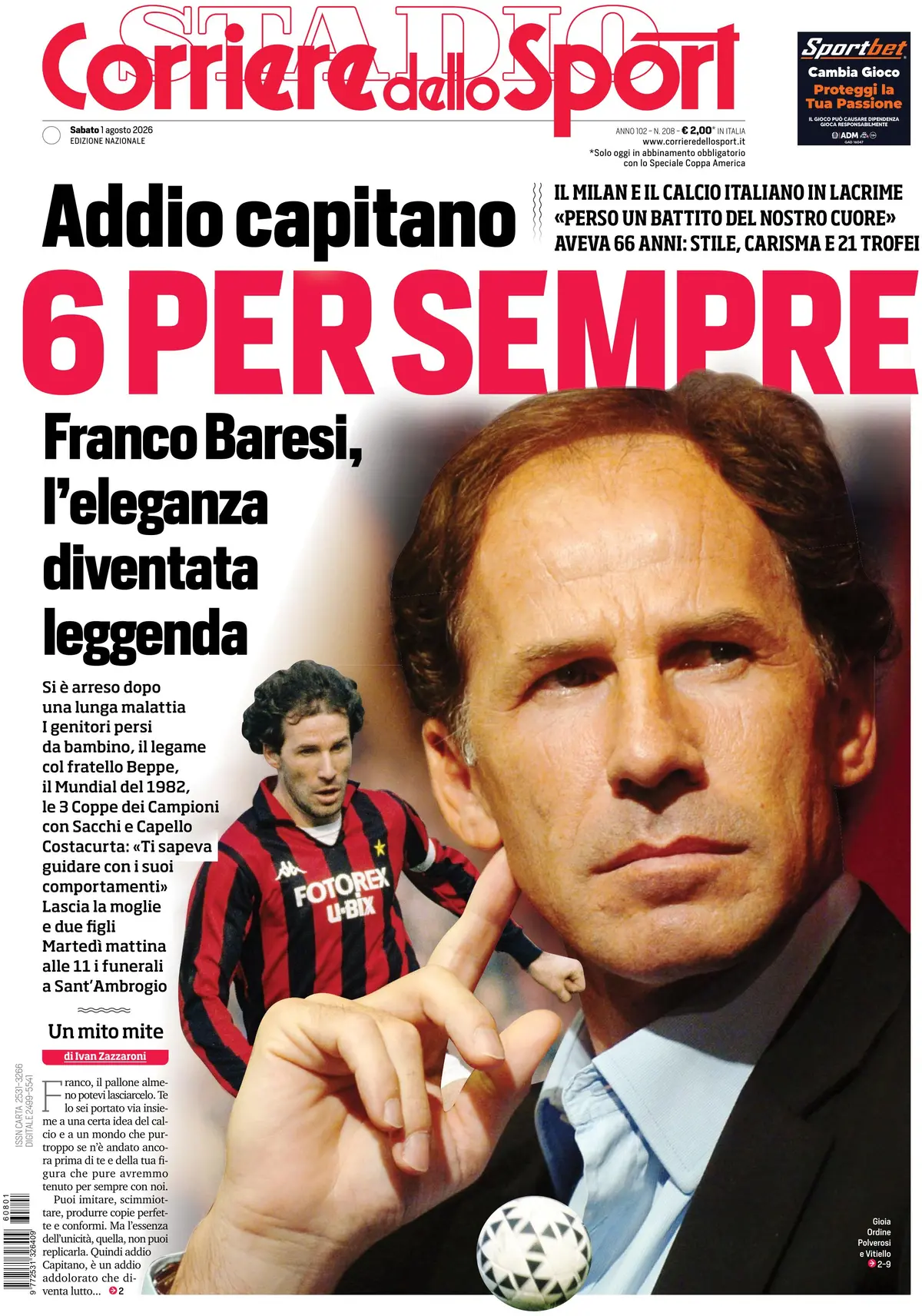 Prima Pagina Corriere dello Sport 01/08/2026