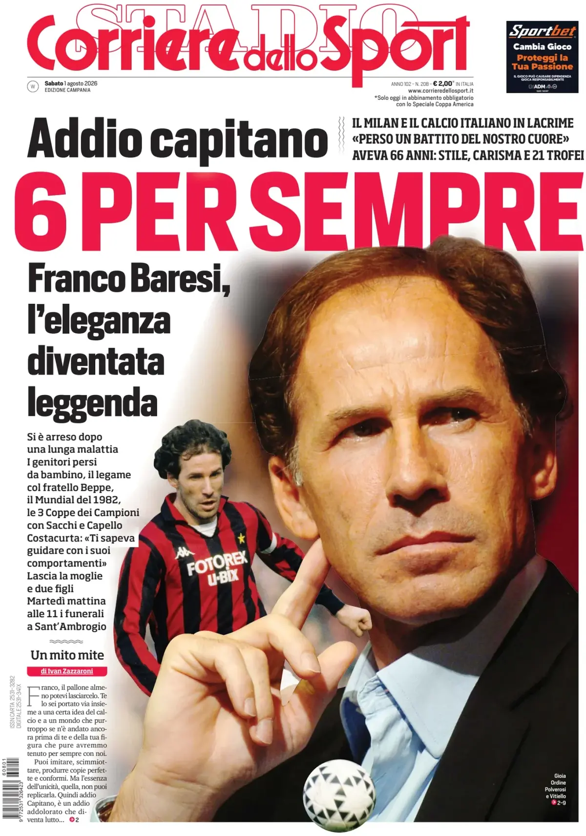 Prima Pagina Corriere dello Sport | Campania 01/08/2026