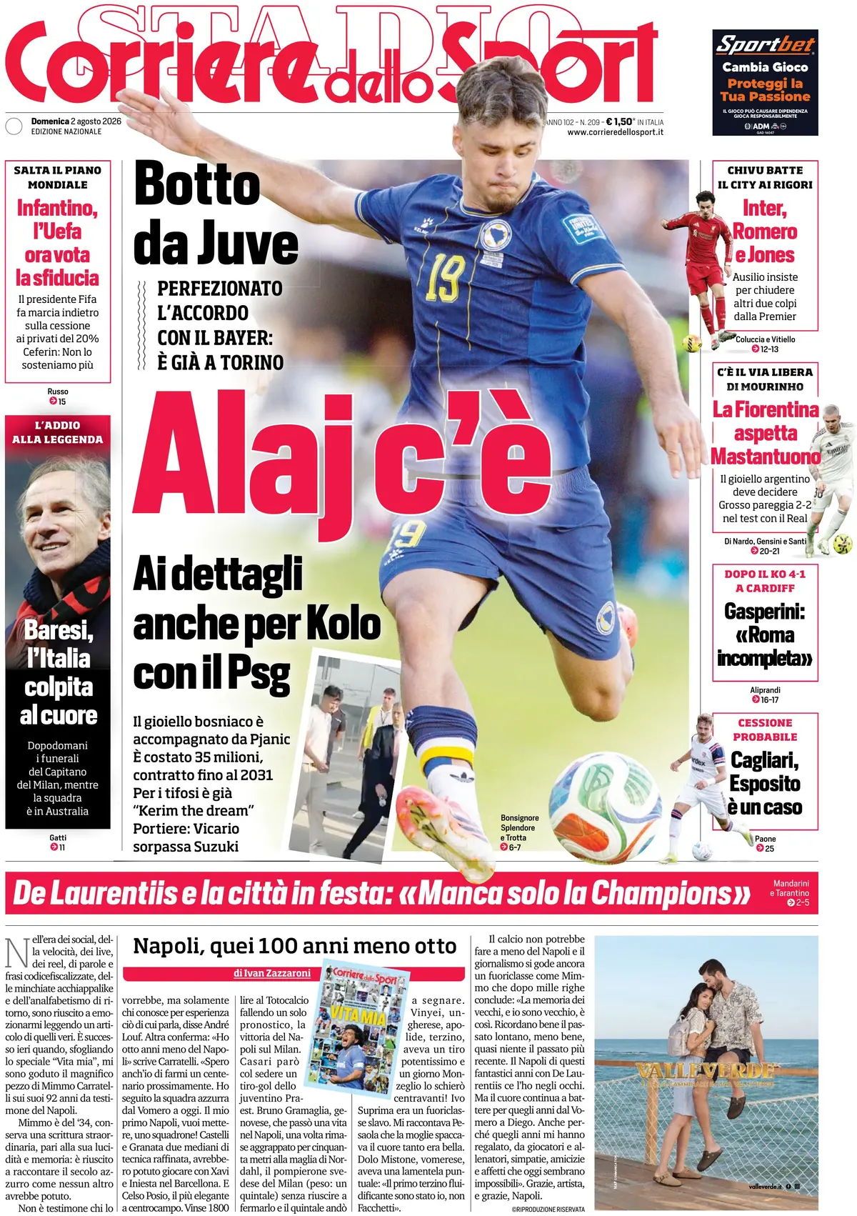 Prima Pagina Corriere dello Sport 02/08/2026