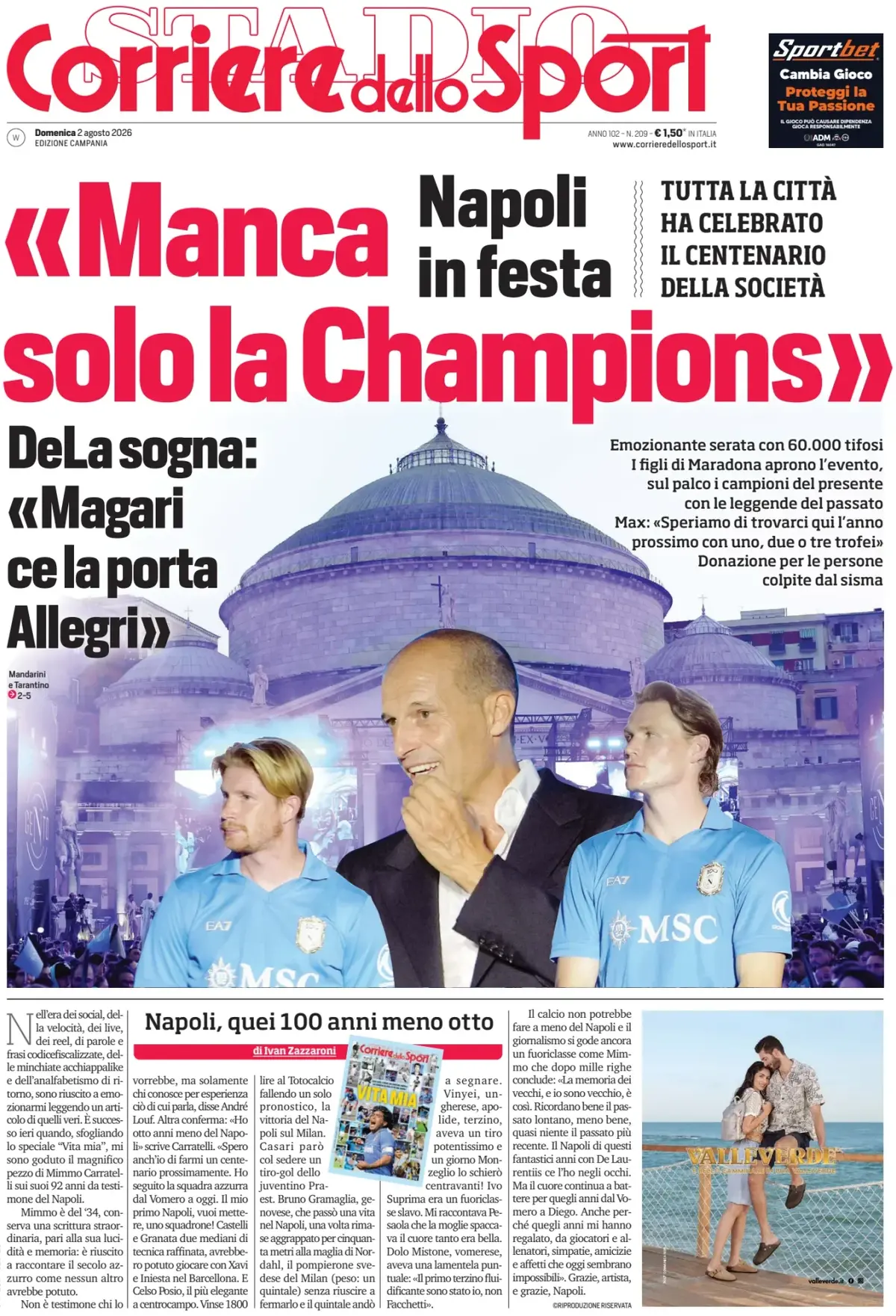 Prima Pagina Corriere dello Sport | Campania 02/08/2026