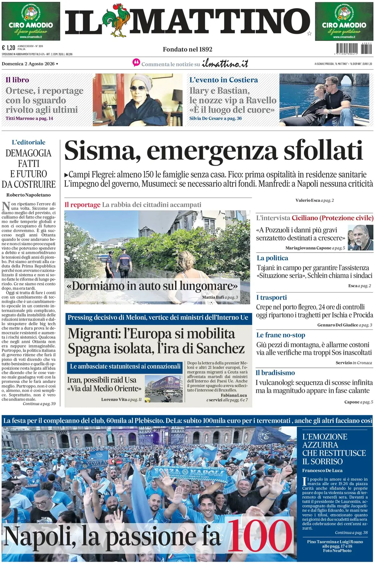 Prima Pagina Il Mattino 02/08/2026
