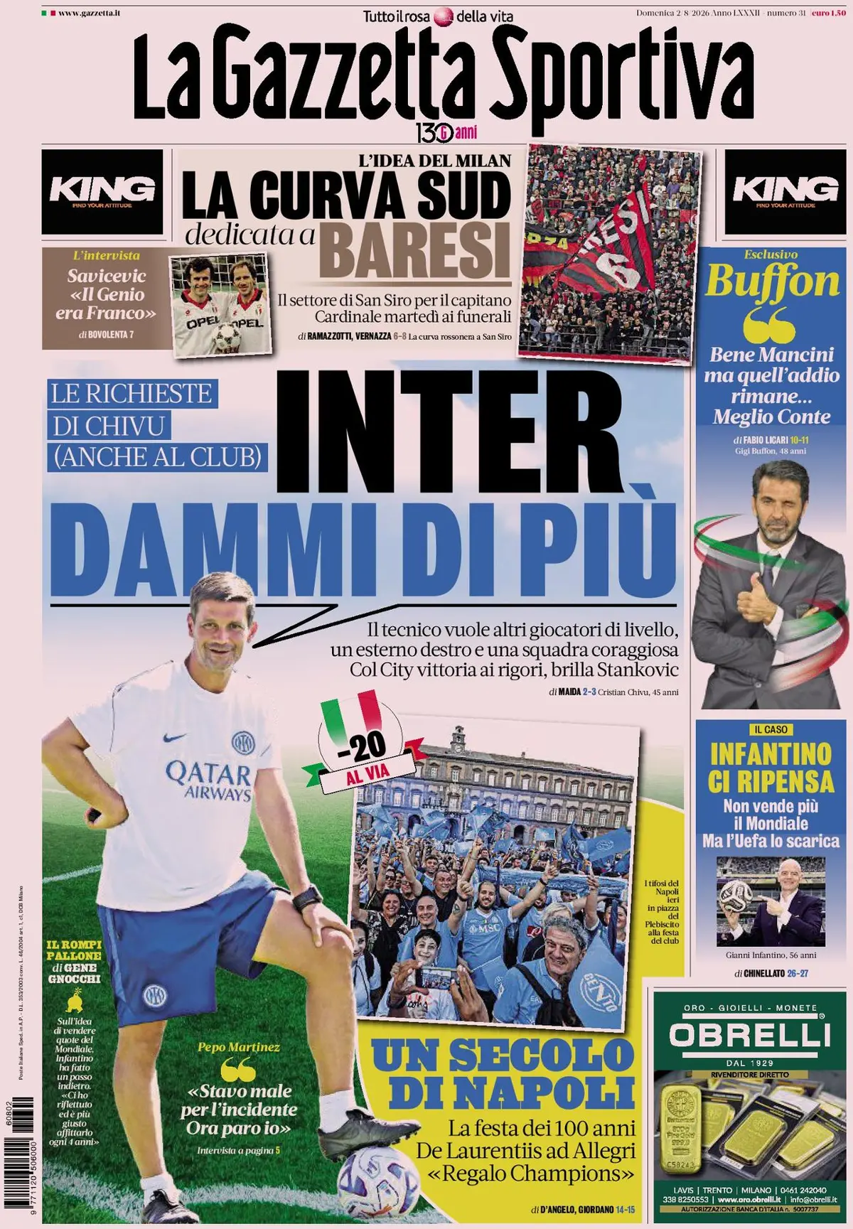 Prima Pagina La Gazzetta dello Sport 02/08/2026