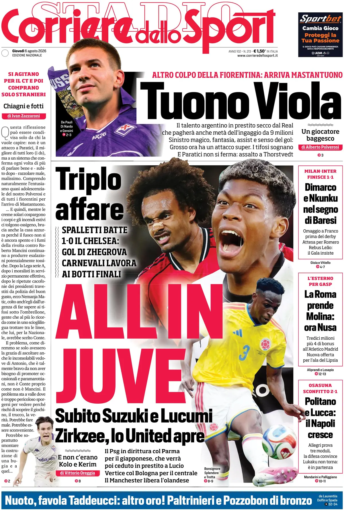 Prima Pagina Corriere dello Sport 06/08/2026