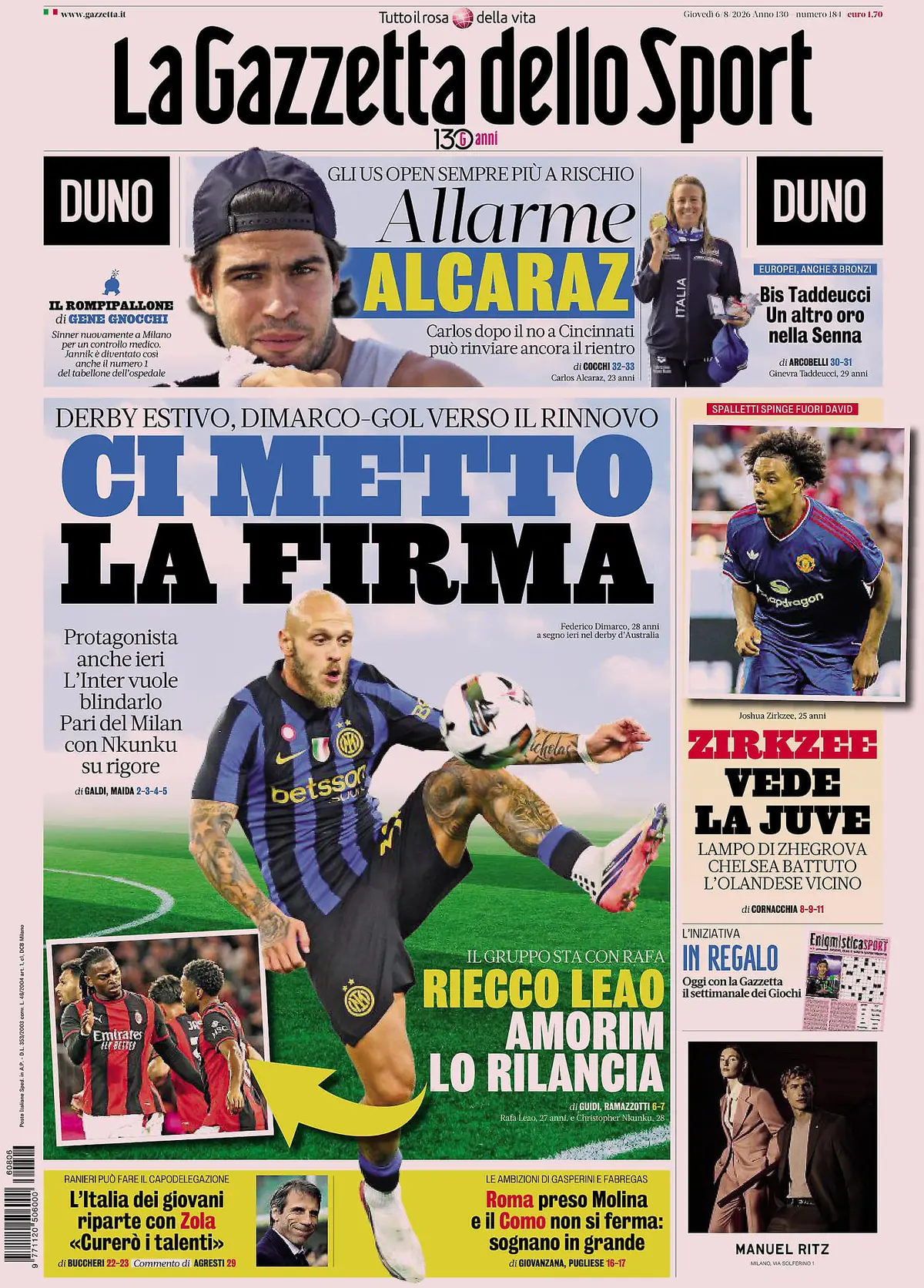 Prima Pagina La Gazzetta dello Sport 06/08/2026
