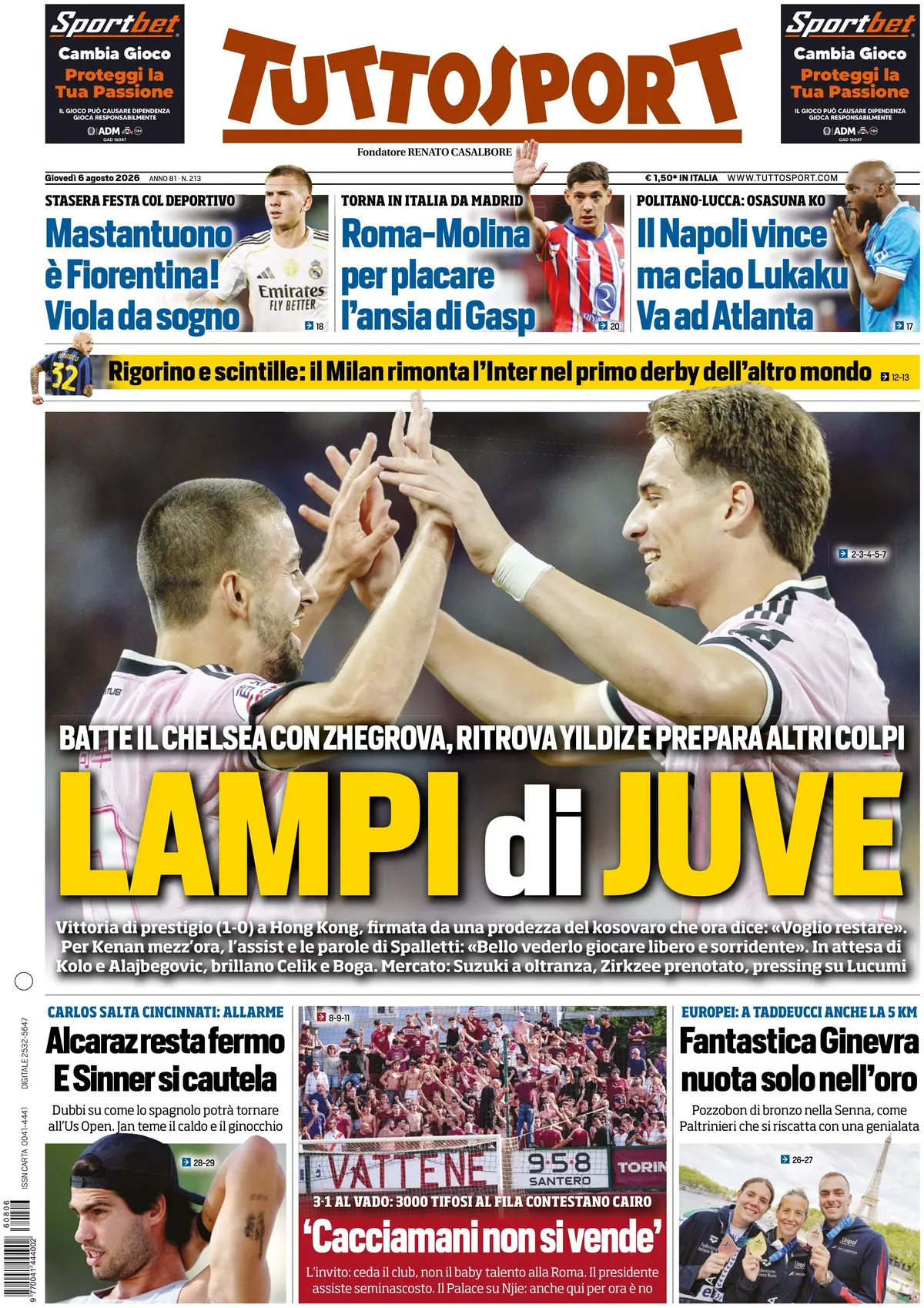 Prima Pagina Tuttosport 06/08/2026