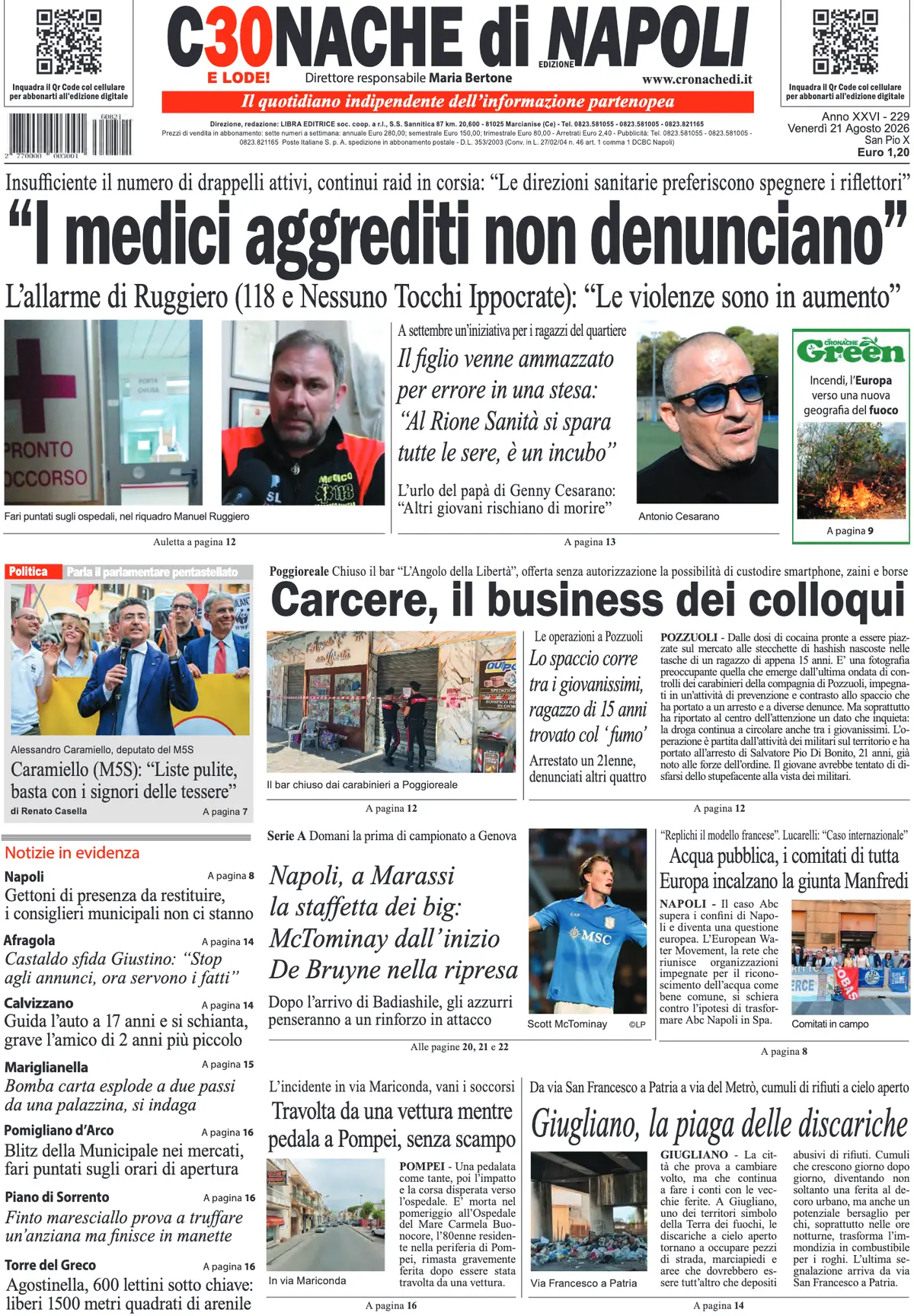 Prima Pagina Cronache di Napoli 21/08/2026