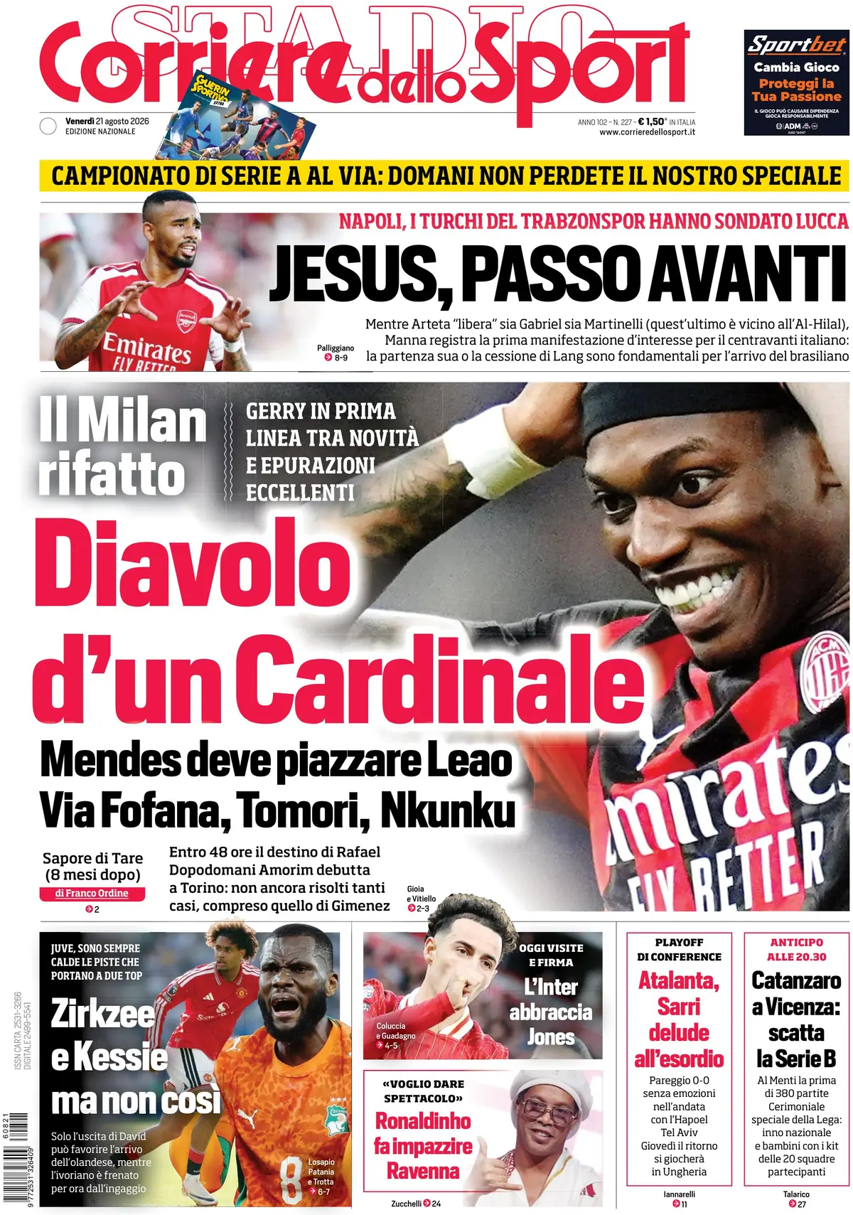 Prima Pagina Corriere dello Sport 21/08/2026