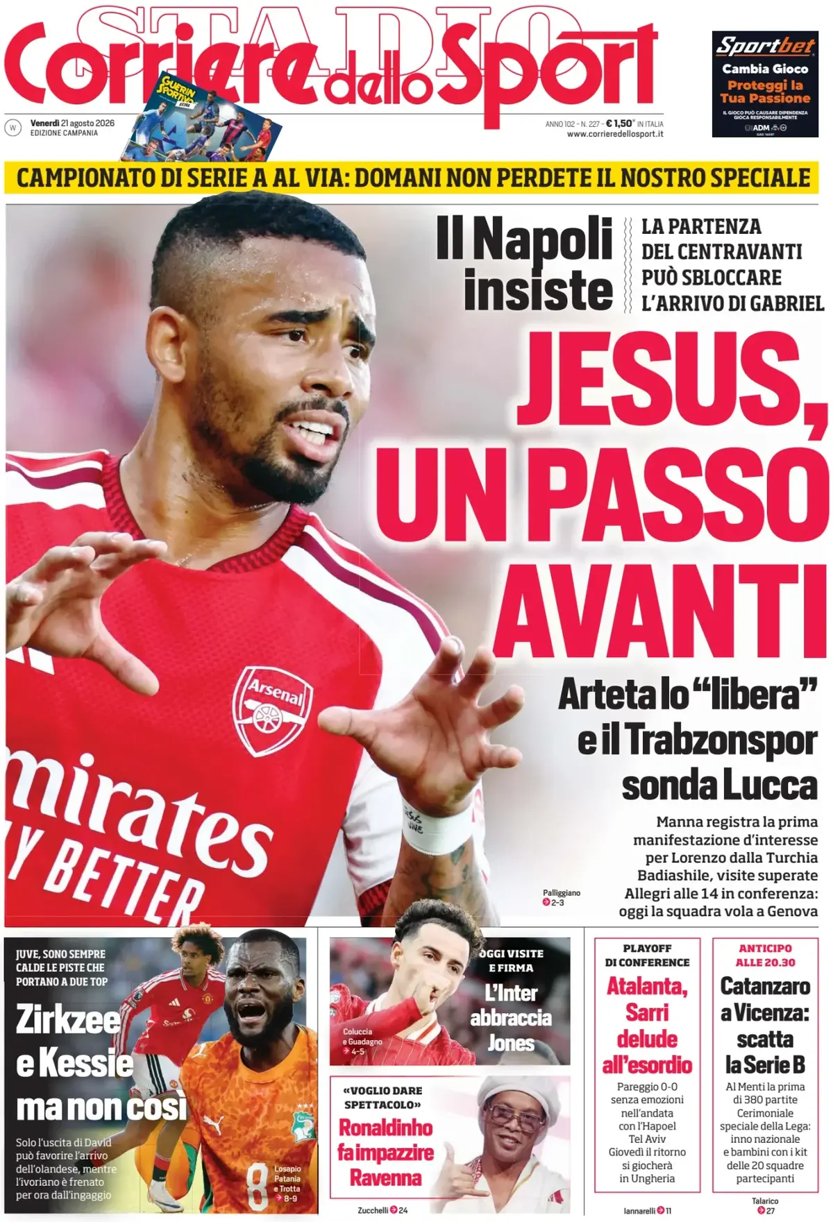 Prima Pagina Corriere dello Sport | Campania 21/08/2026