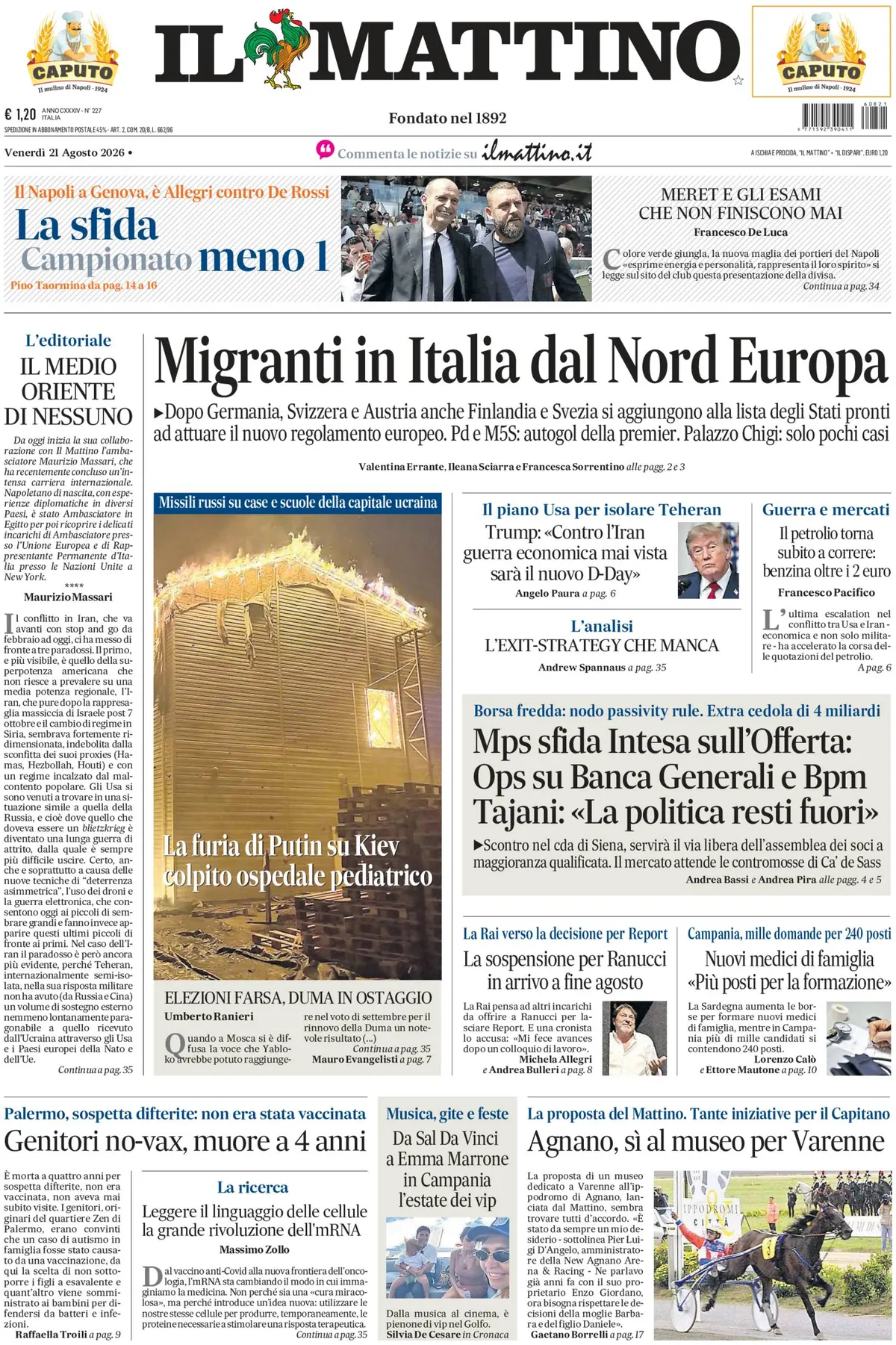 Prima Pagina Il Mattino 21/08/2026