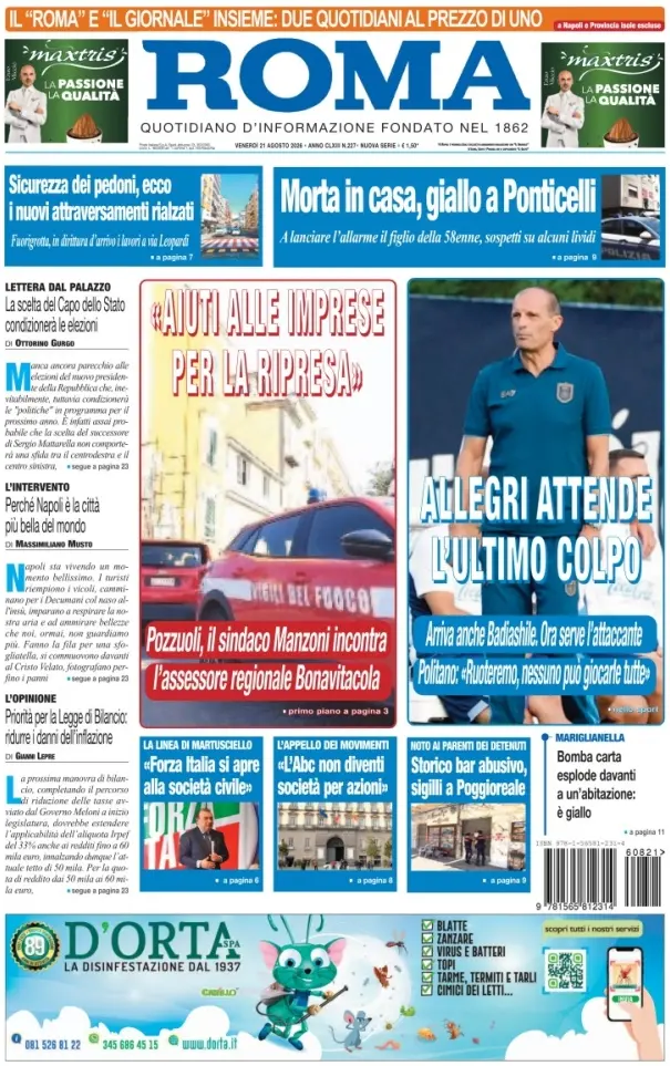 Prima Pagina Il Roma | Quotidiano di Napoli 21/08/2026
