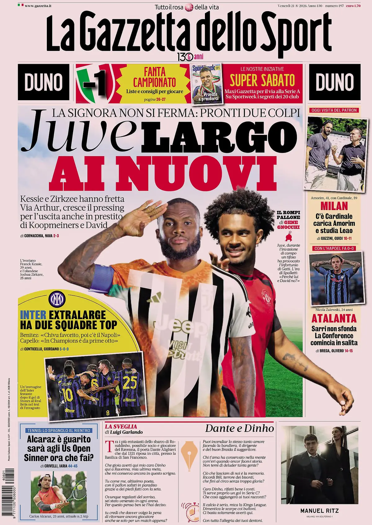 Prima Pagina La Gazzetta dello Sport 21/08/2026