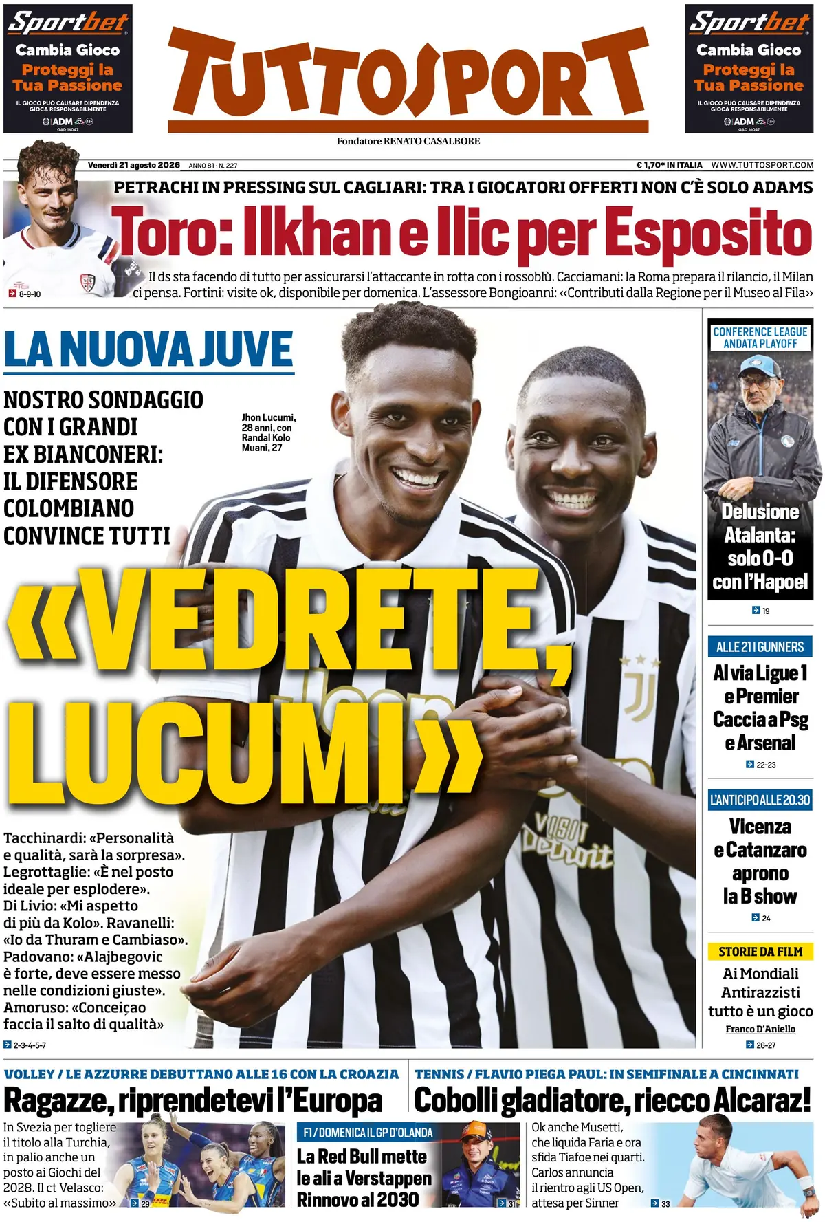 Prima Pagina Tuttosport 21/08/2026