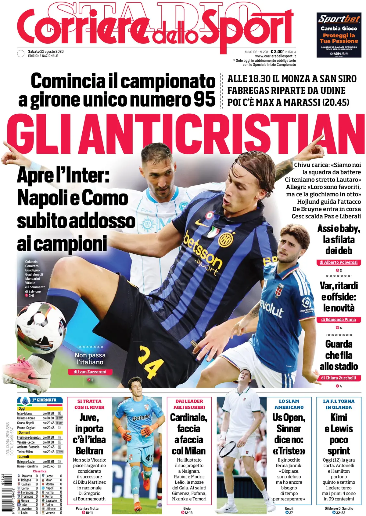 Prima Pagina Corriere dello Sport 22/08/2026