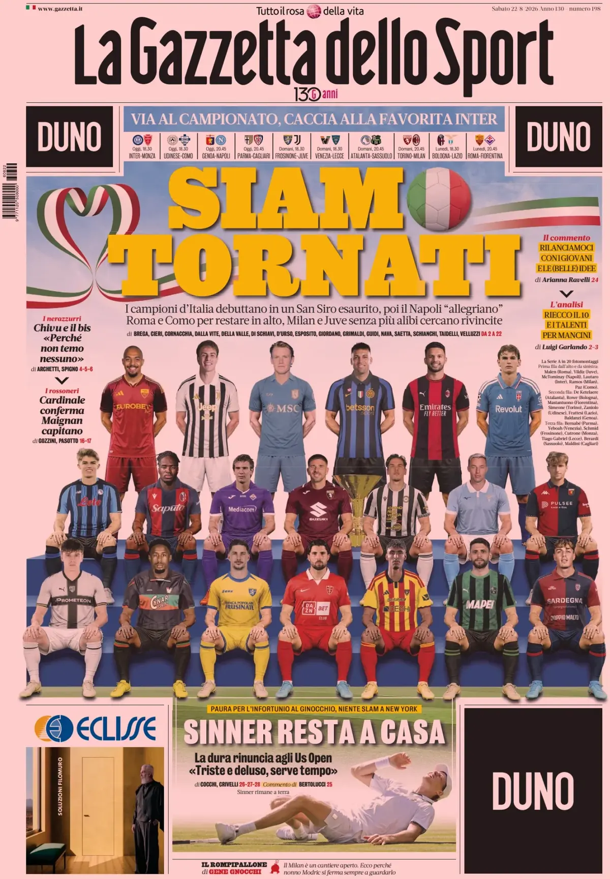Prima Pagina La Gazzetta dello Sport 22/08/2026