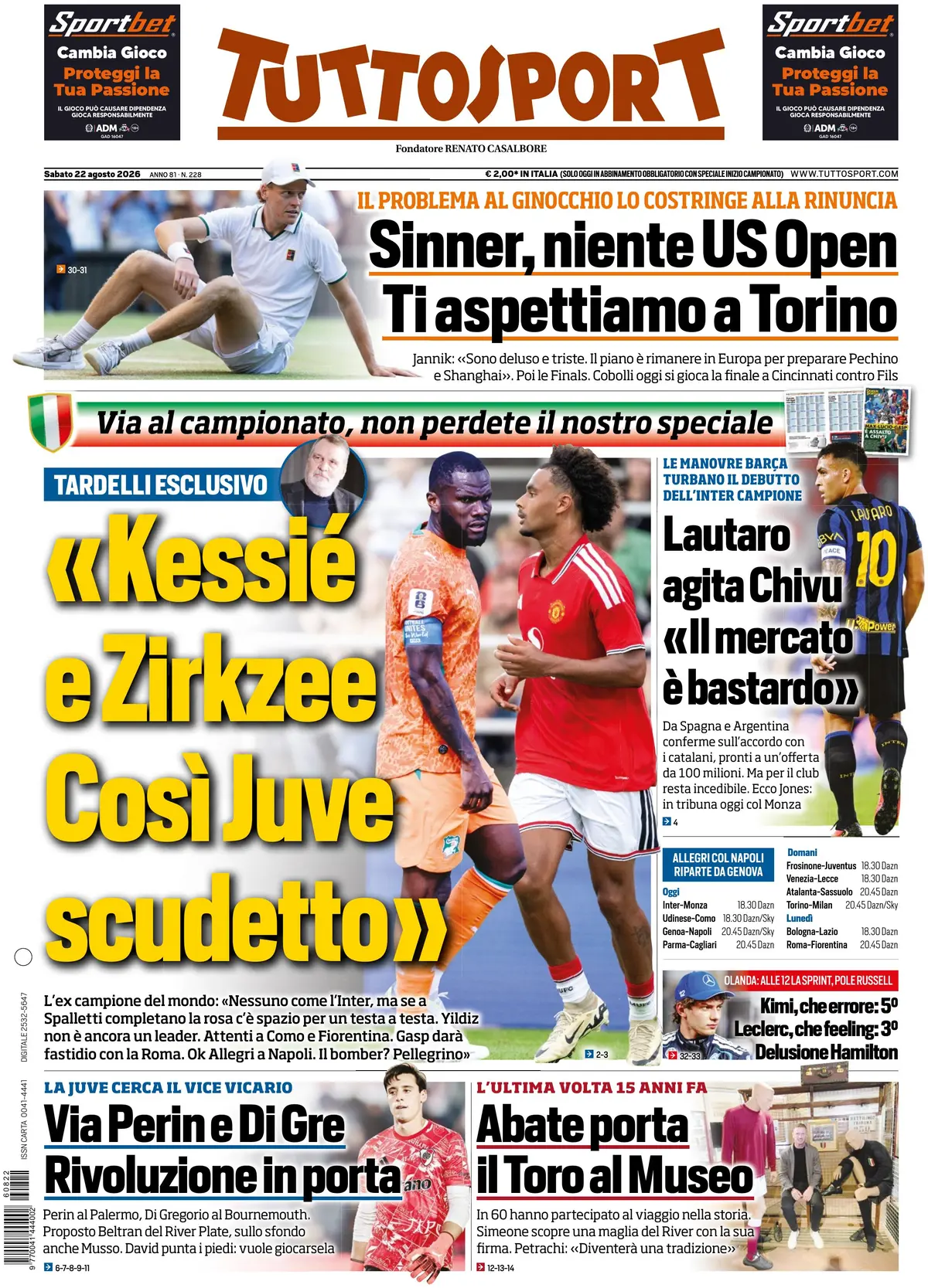 Prima Pagina Tuttosport 22/08/2026
