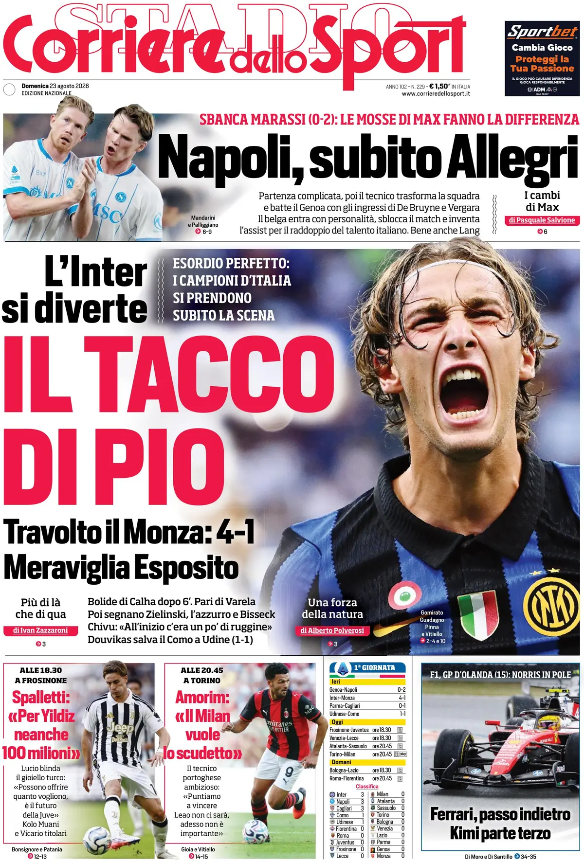 Prima Pagina Corriere dello Sport 23/08/2026