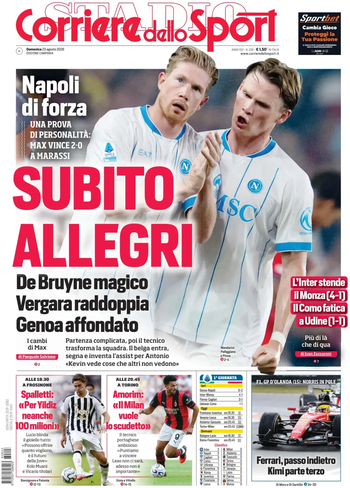 Prima Pagina Corriere dello Sport | Campania 23/08/2026