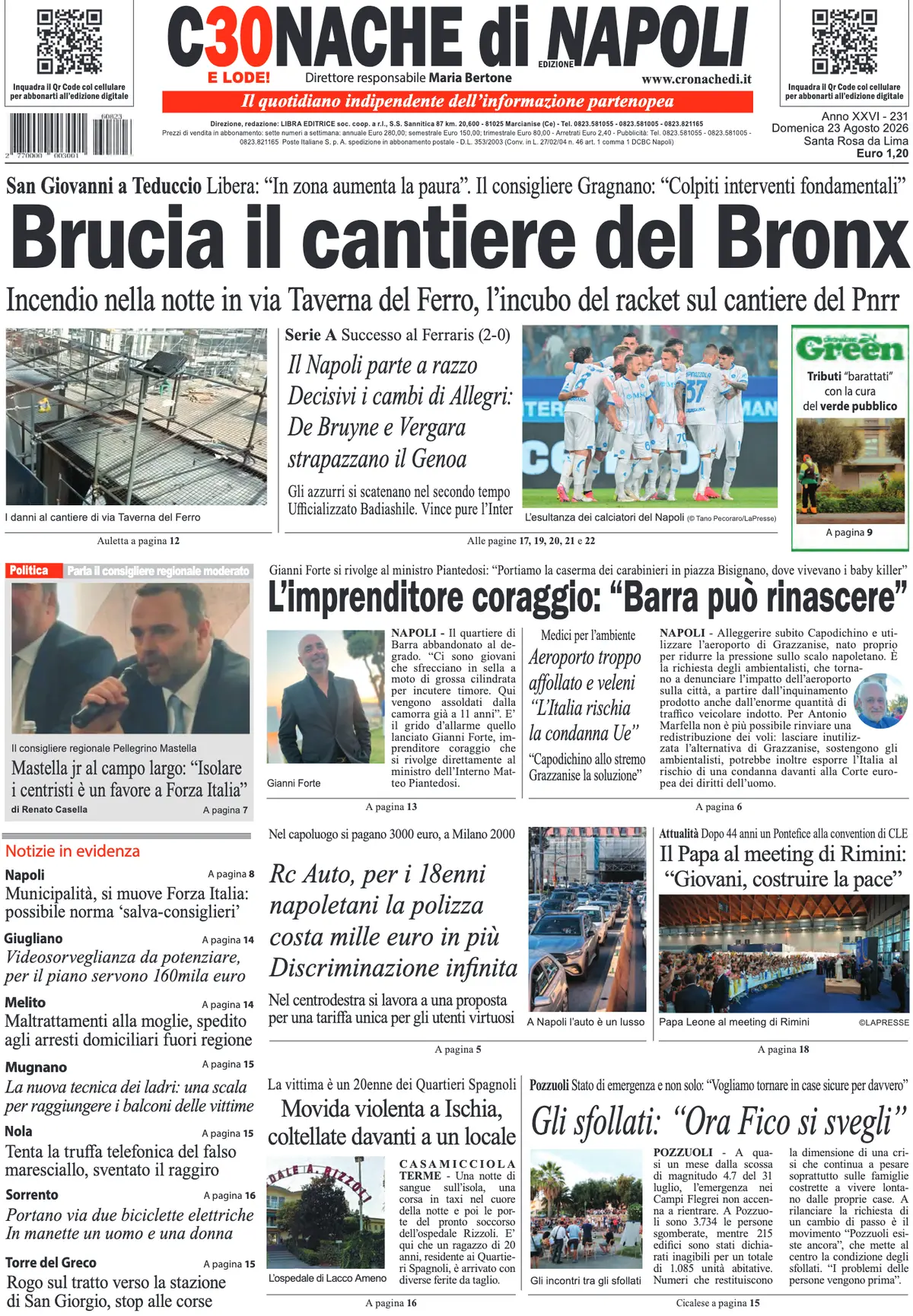 Prima Pagina Cronache di Napoli 23/08/2026