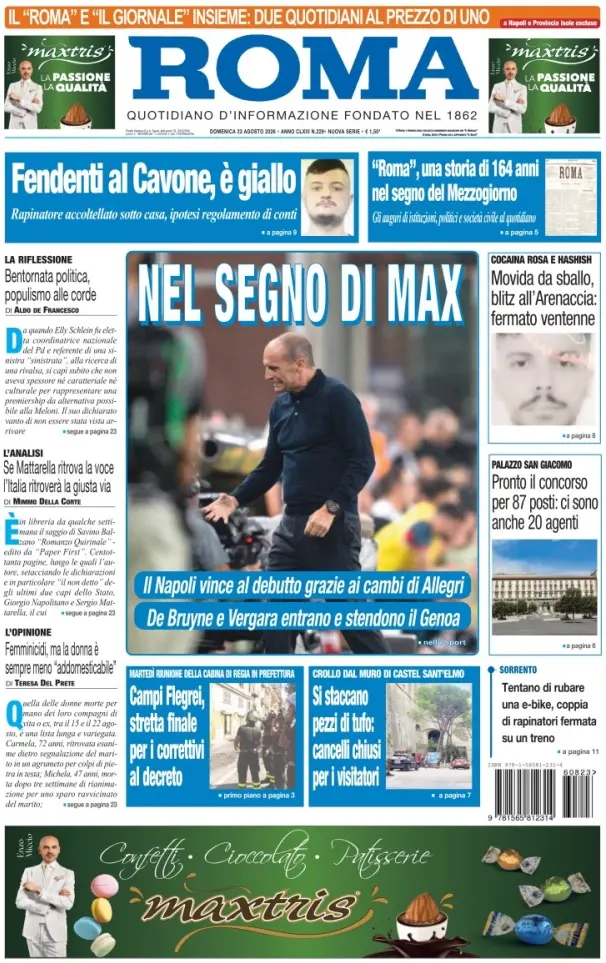 Prima Pagina Il Roma | Quotidiano di Napoli 23/08/2026