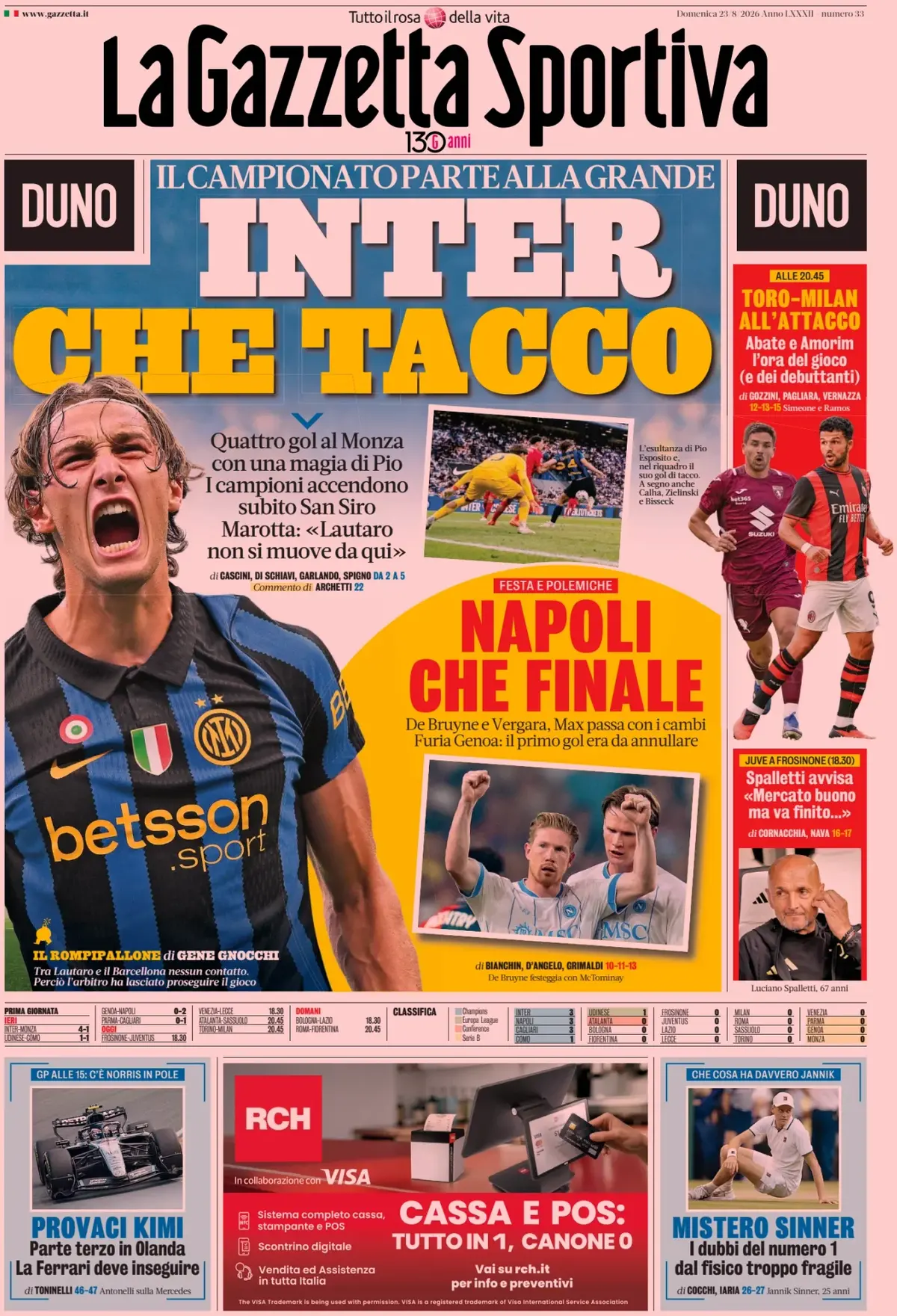 Prima Pagina La Gazzetta dello Sport 23/08/2026