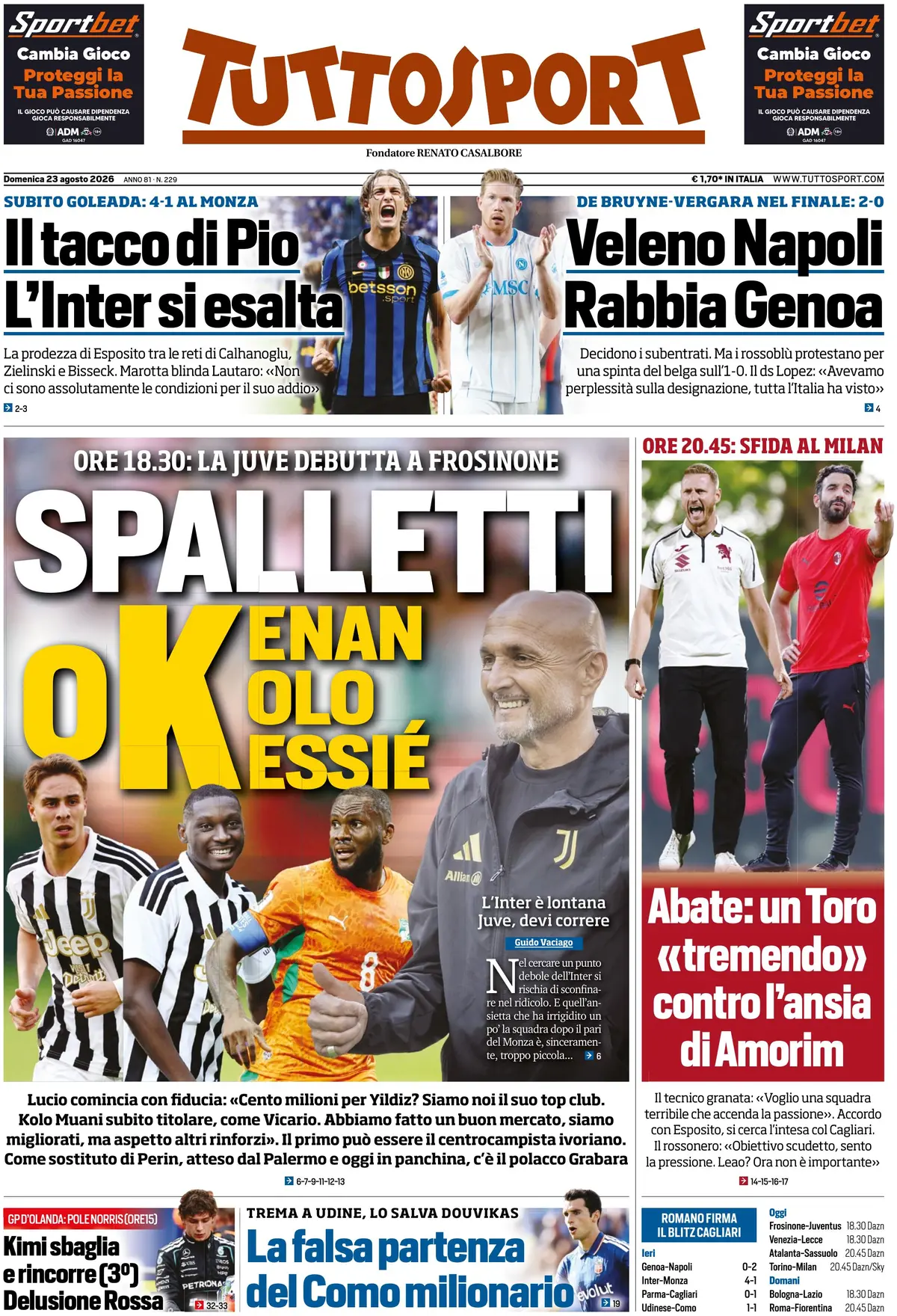 Prima Pagina Tuttosport 23/08/2026