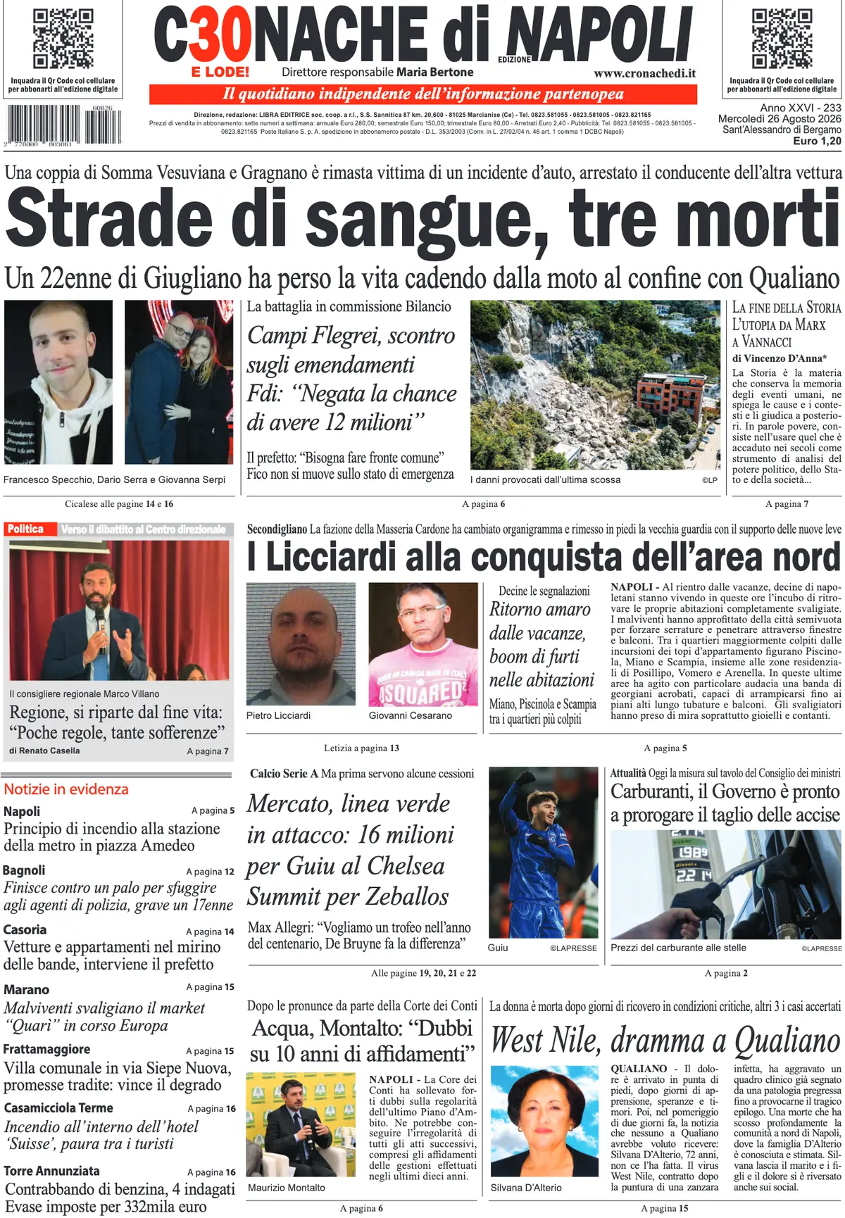 Prima Pagina Cronache di Napoli 26/08/2026
