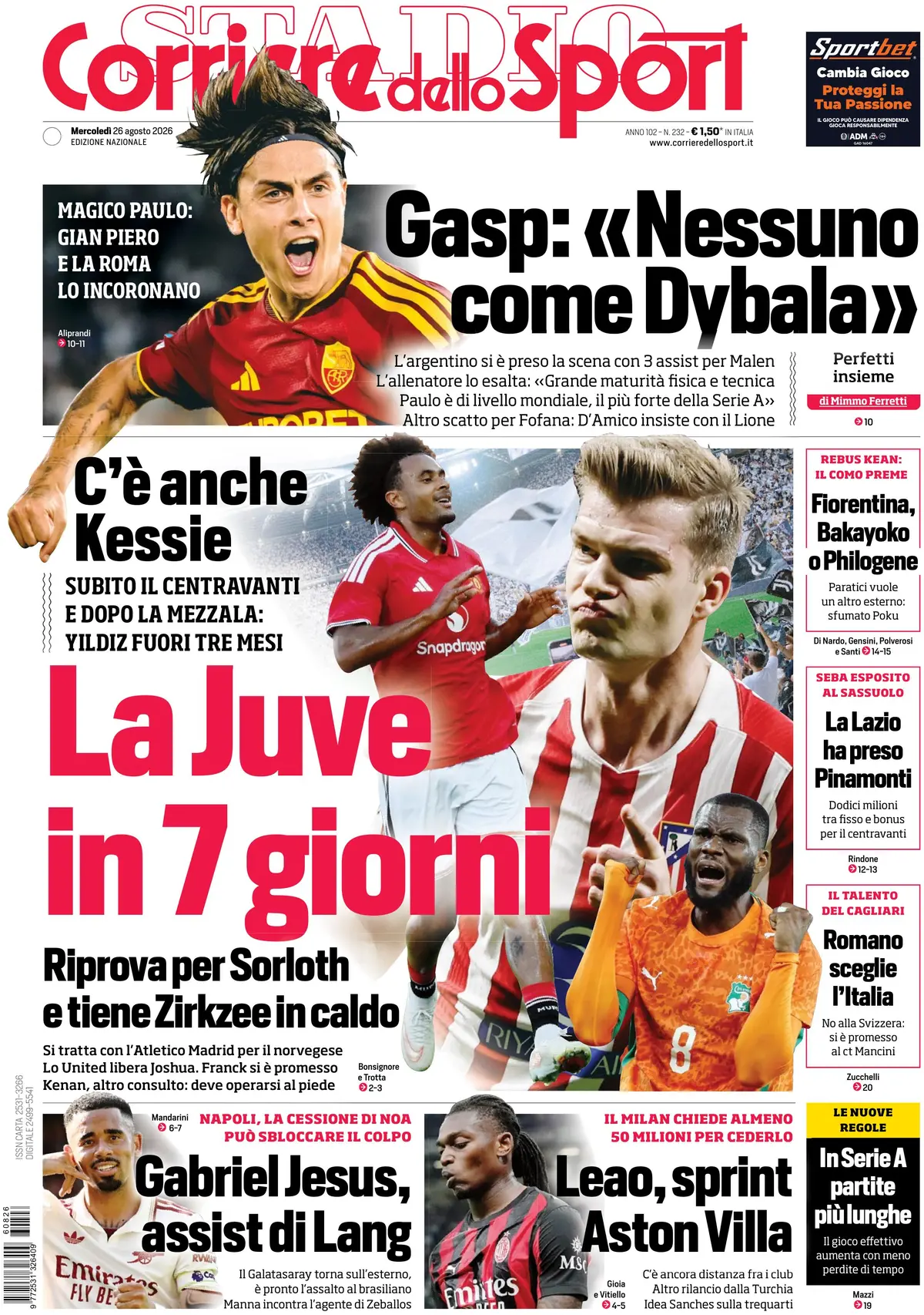Prima Pagina Corriere dello Sport 26/08/2026