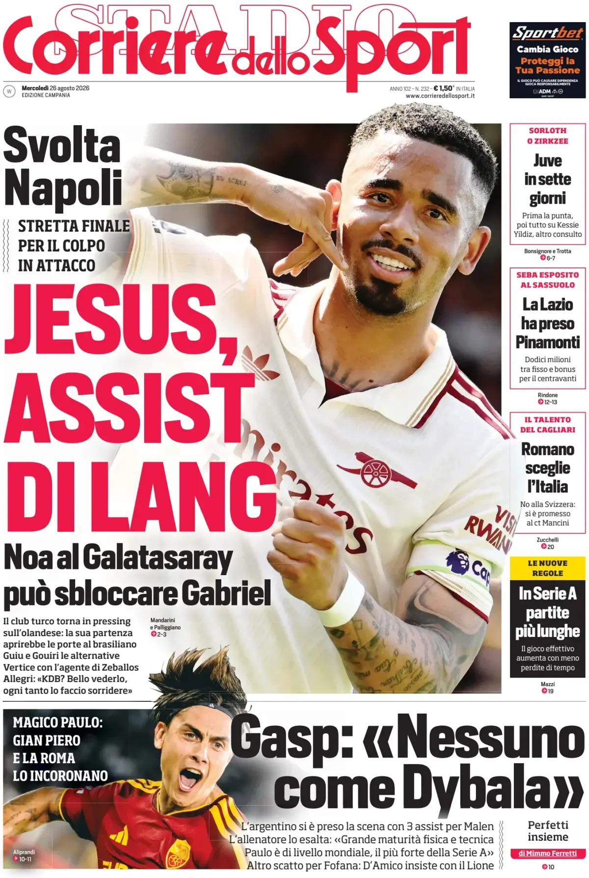 Prima Pagina Corriere dello Sport | Campania 26/08/2026