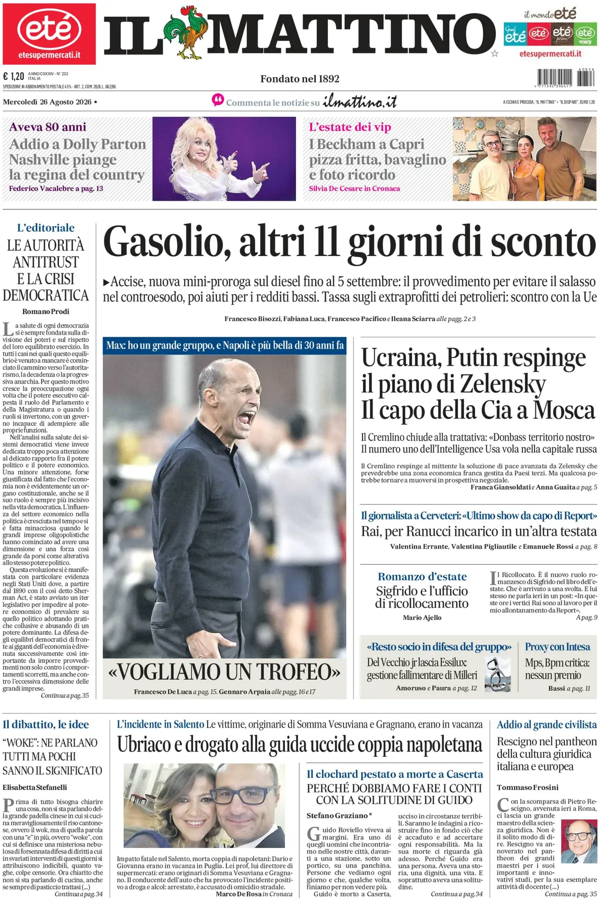 Prima Pagina Il Mattino 26/08/2026