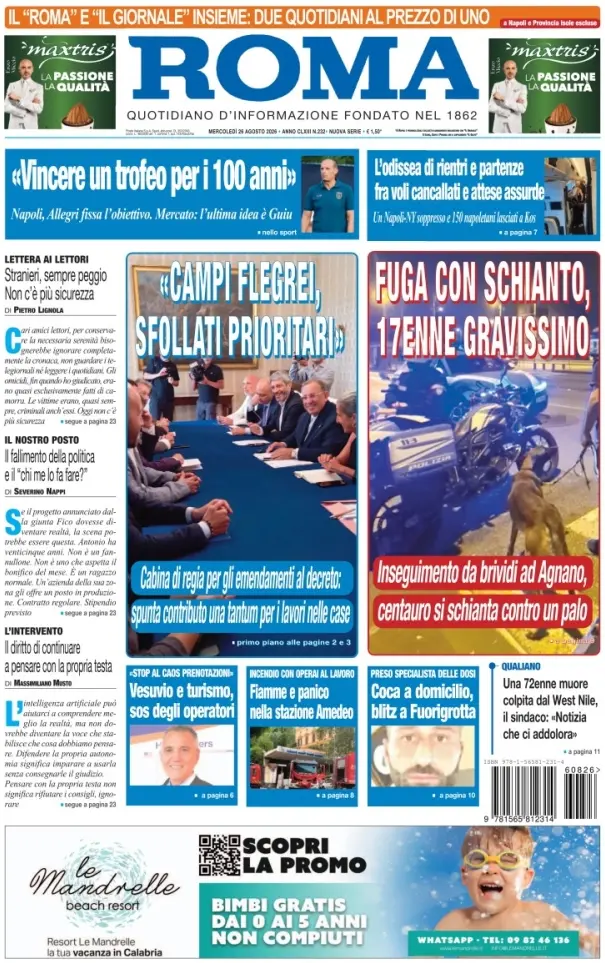 Prima Pagina Il Roma | Quotidiano di Napoli 26/08/2026