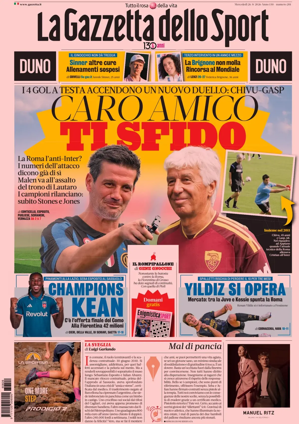 Prima Pagina La Gazzetta dello Sport 26/08/2026