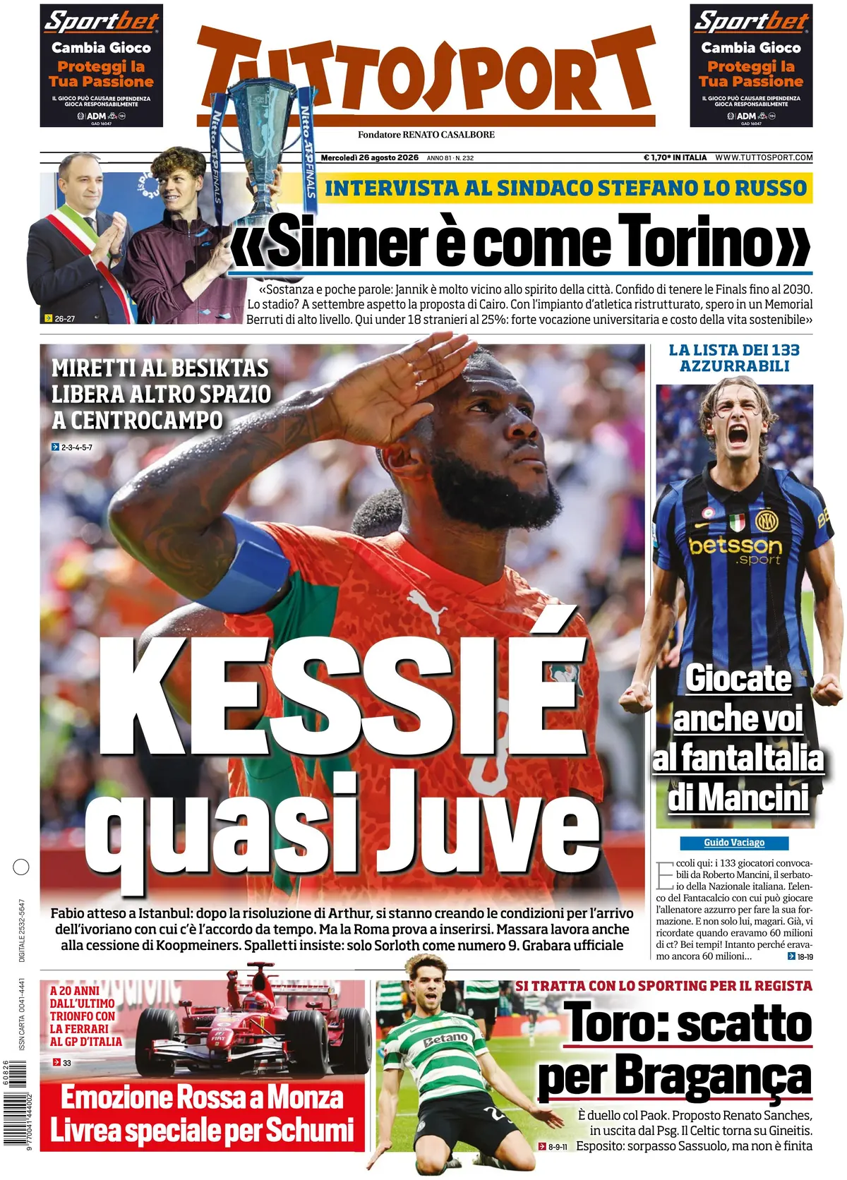 Prima Pagina Tuttosport 26/08/2026