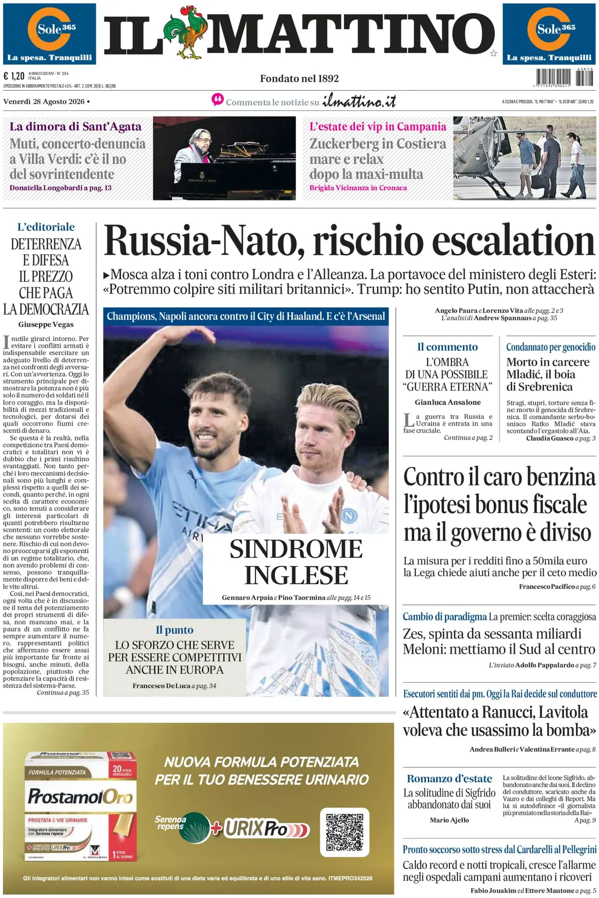Prima Pagina Il Mattino 28/08/2026
