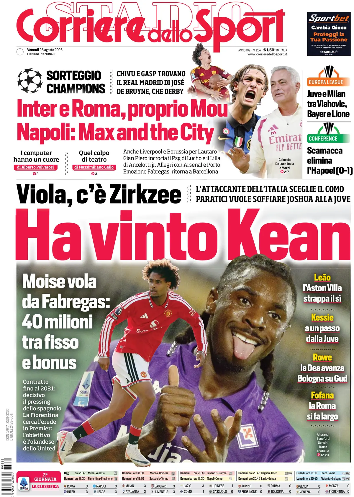 Prima Pagina Corriere dello Sport 28/08/2026