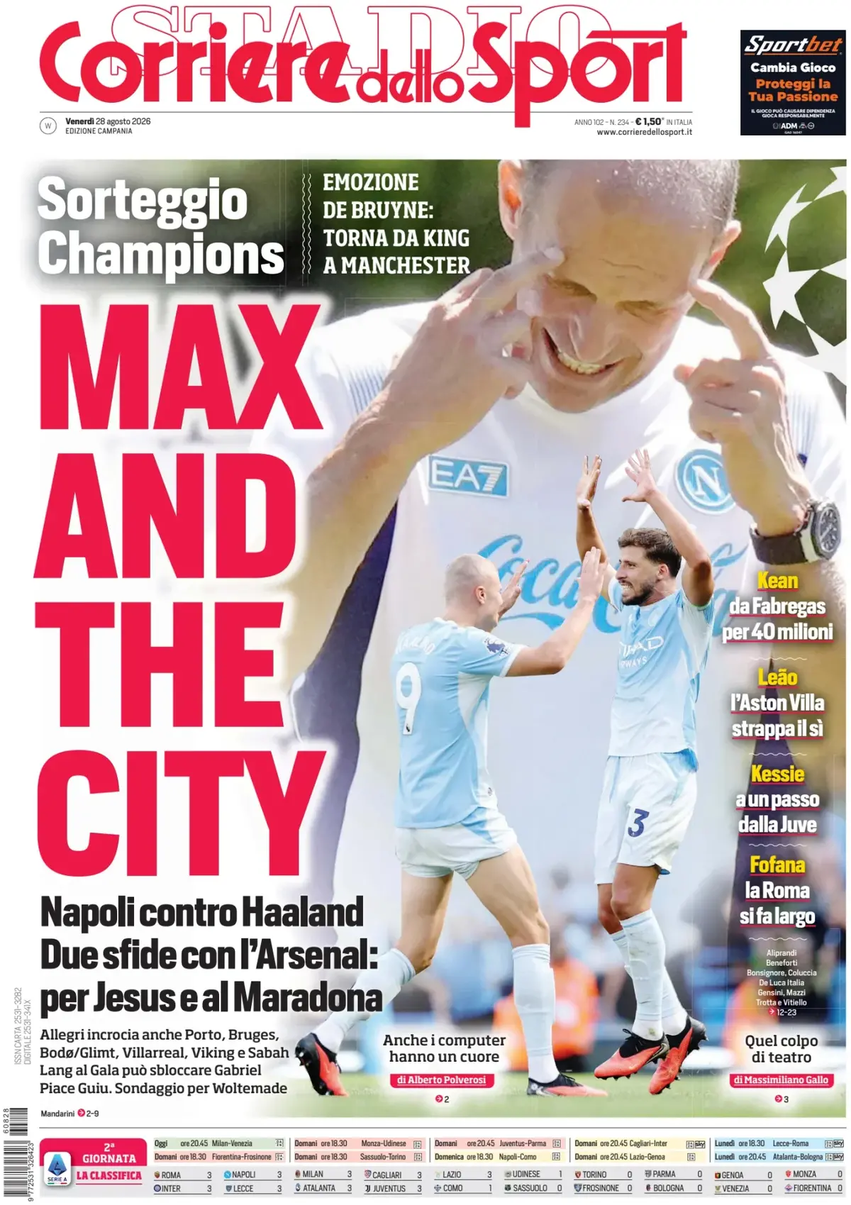 Prima Pagina Corriere dello Sport | Campania 28/08/2026
