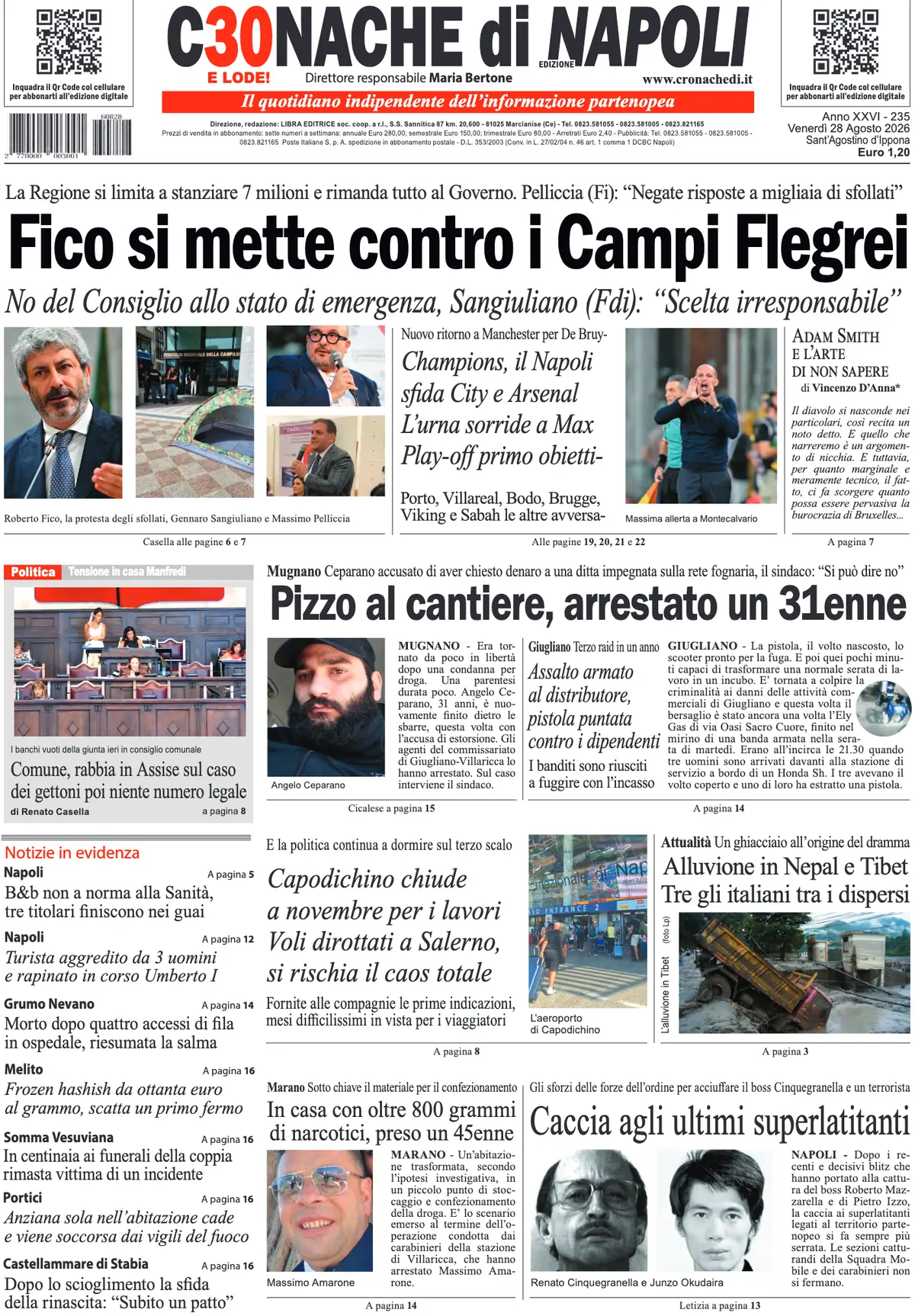 Prima Pagina Cronache di Napoli 28/08/2026