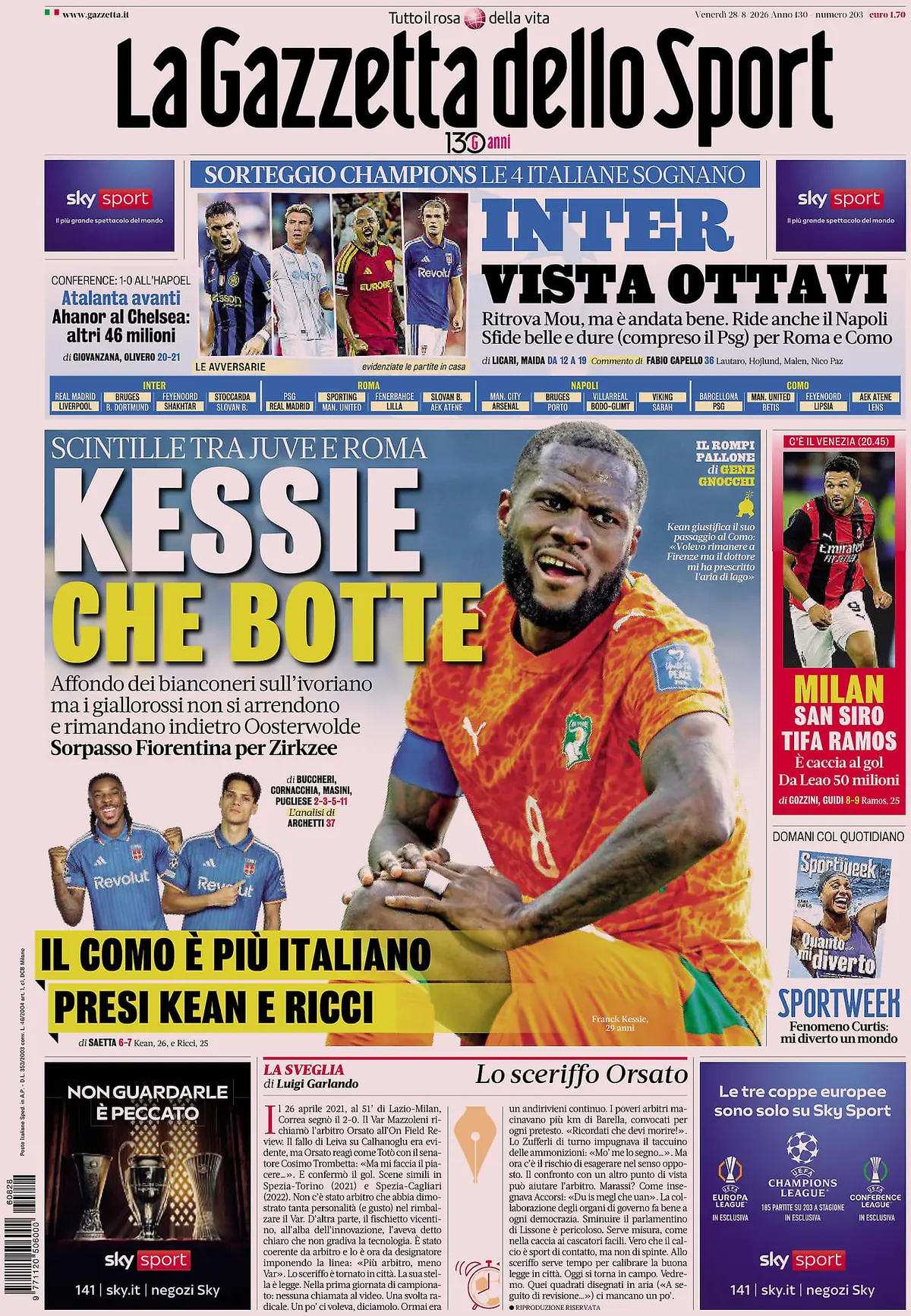 Prima Pagina La Gazzetta dello Sport 28/08/2026