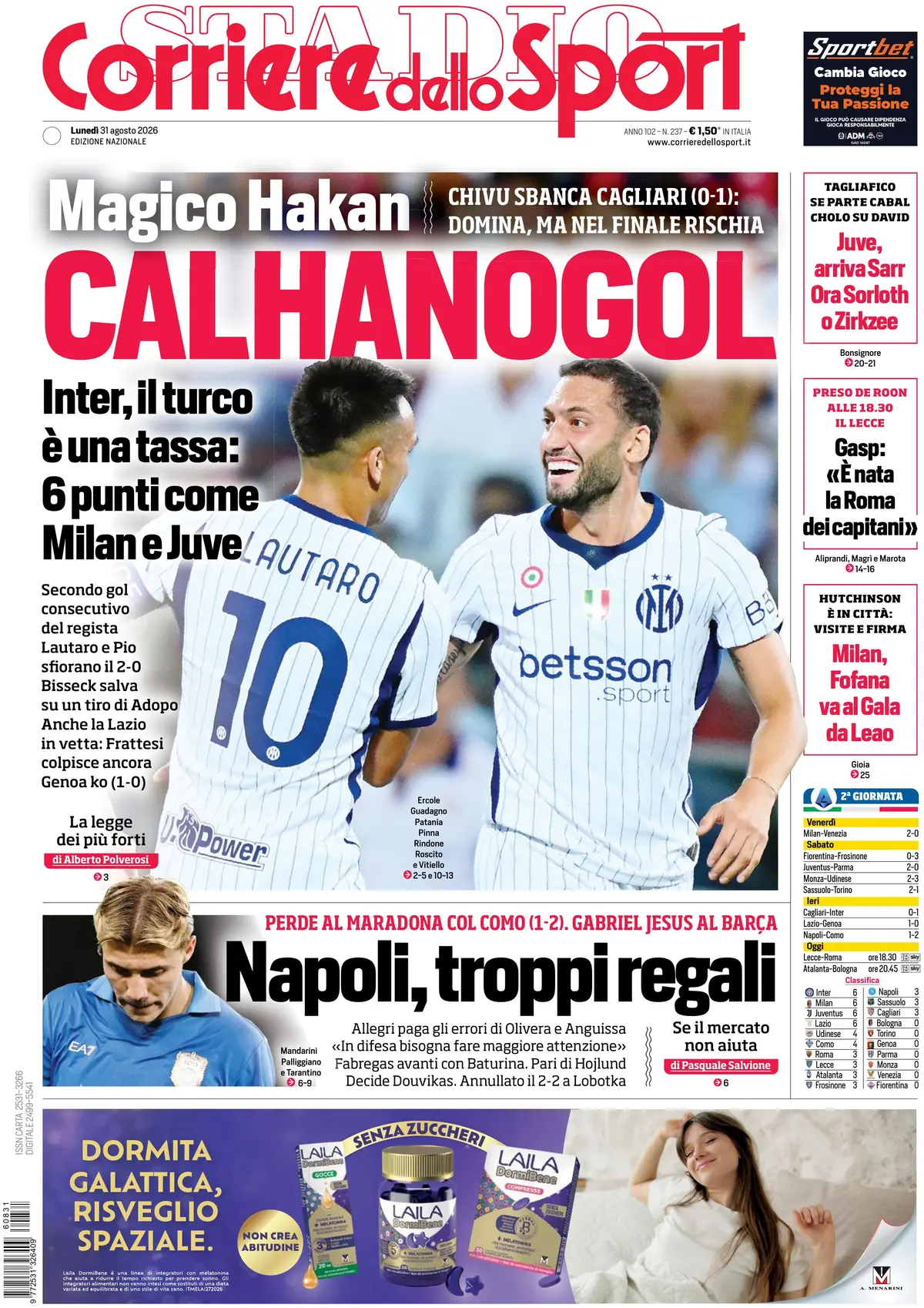 Prima Pagina Corriere dello Sport 31/08/2026