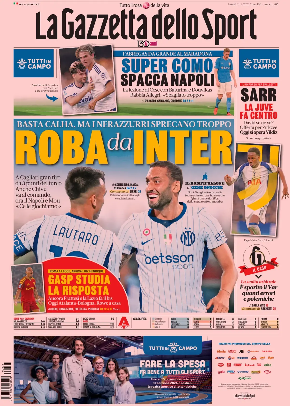 Prima Pagina La Gazzetta dello Sport 31/08/2026