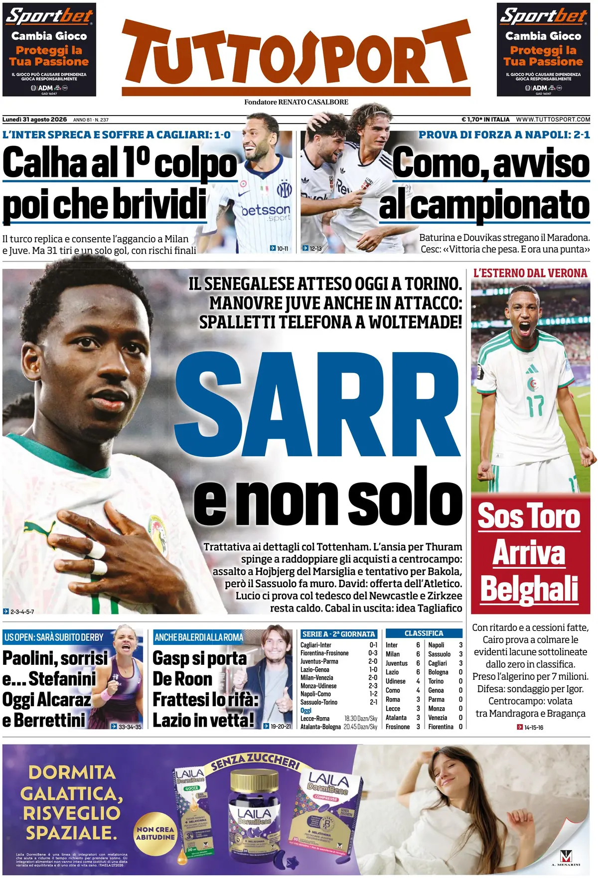 Prima Pagina Tuttosport 31/08/2026