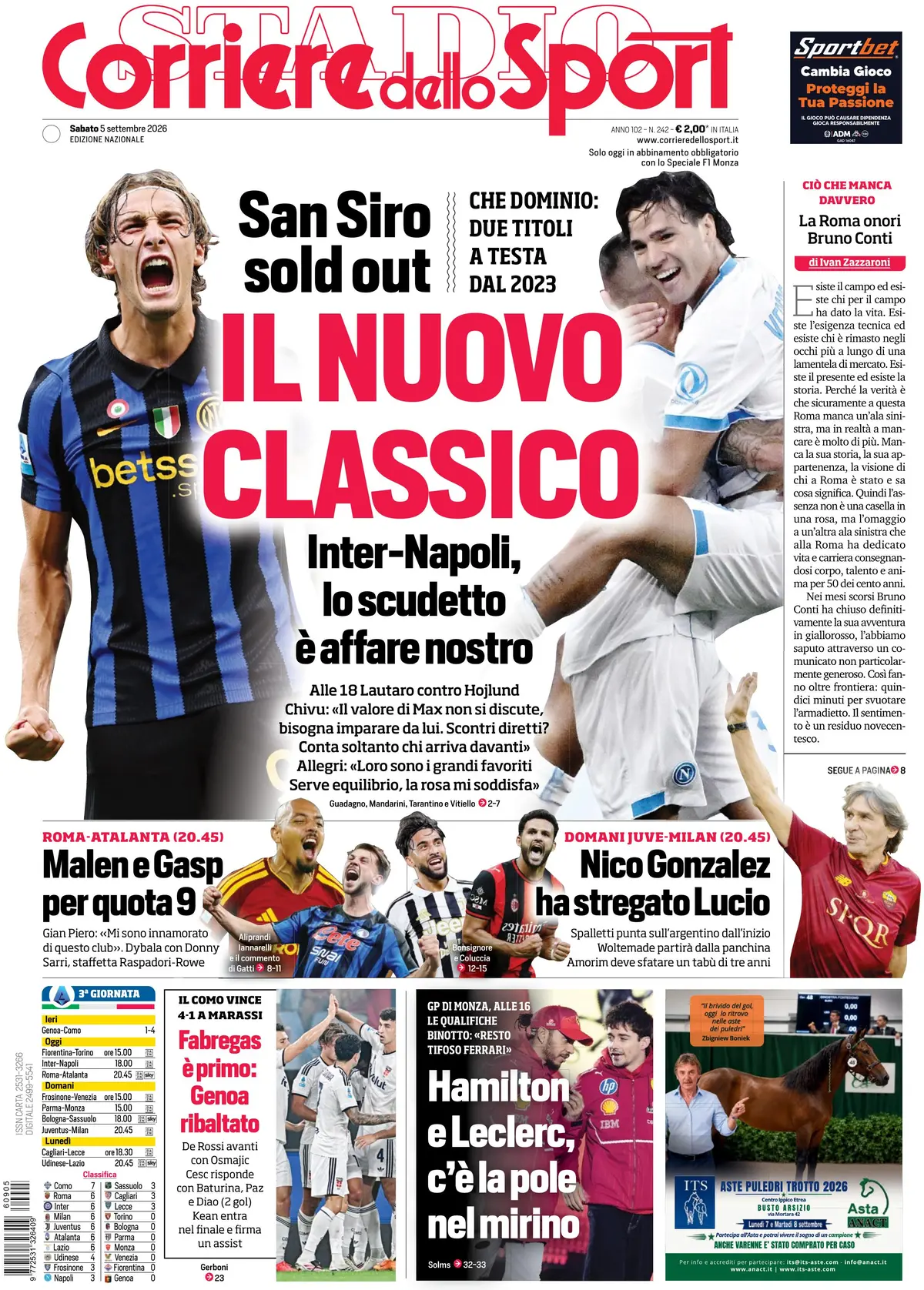 Prima Pagina Corriere dello Sport 05/09/2026